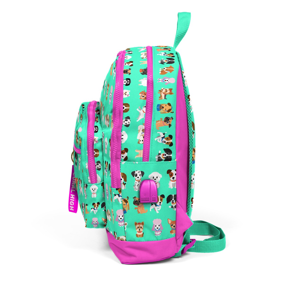 Coral High Kids Su Yeşili Neon Pembe Köpek Desenli Dört Bölmeli USB'li Okul Sırt Çantası 23266
