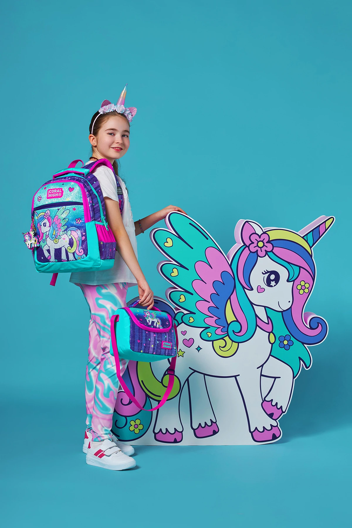 Coral High Kids Mor Su Yeşili Unicorn Desenli Üç Bölmeli Okul Sırt Çantası 23487
