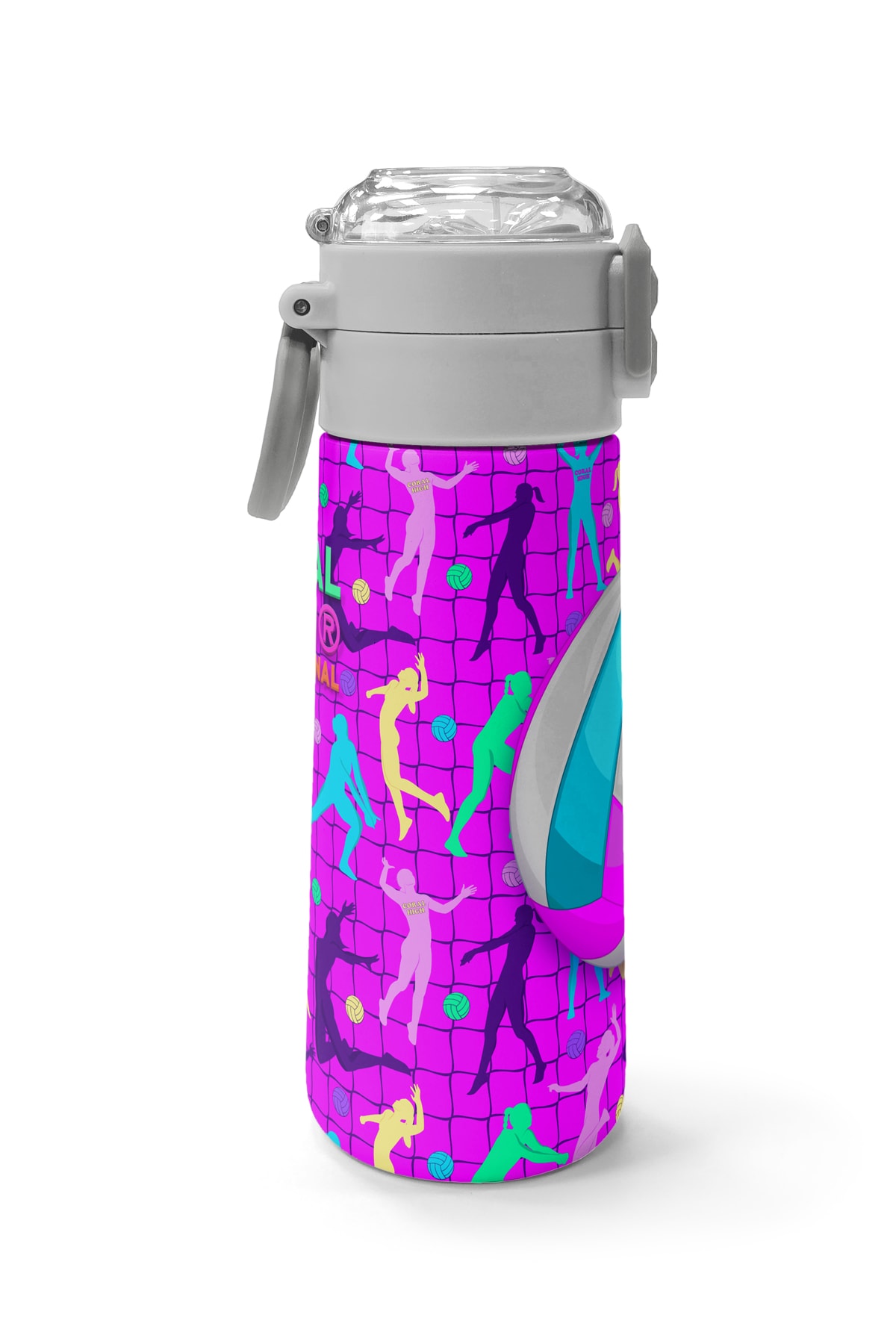 Coral High Kids Pembe Mor Voleybol Desenli Pipetli ve Direkt İçim Çelik Termos 500 ml 31962