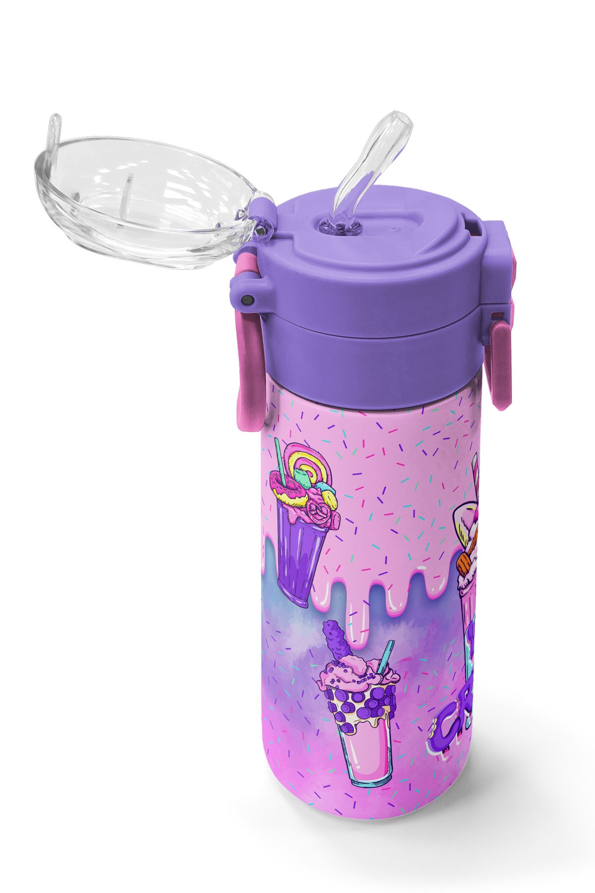 Coral High Kids Pembe Mor Milkshake Dondurma Desenli Pipetli ve Direkt İçim Çelik Termos 500 ml 31950