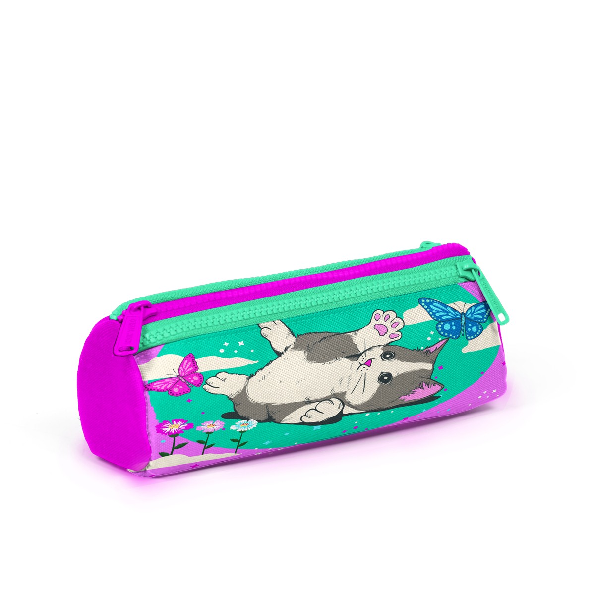Coral High Kids Su Yeşili Pembe Kedi Desenli Üç Bölmeli Kalem Çantası 22007