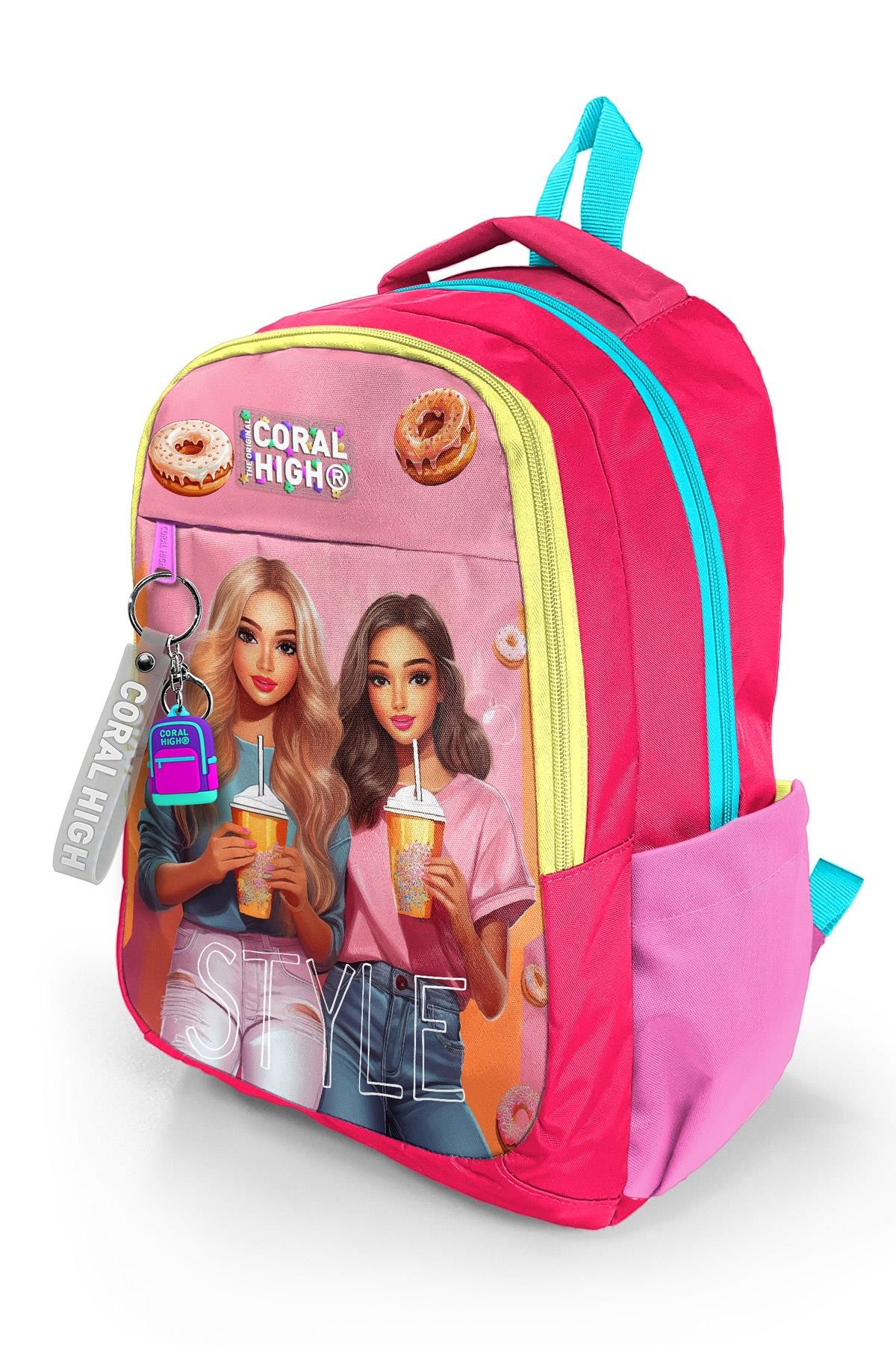 Coral High Kids Pembe Neon Mercan Fashion Girl Desenli Üç Bölmeli Okul Sırt Çantası 23669