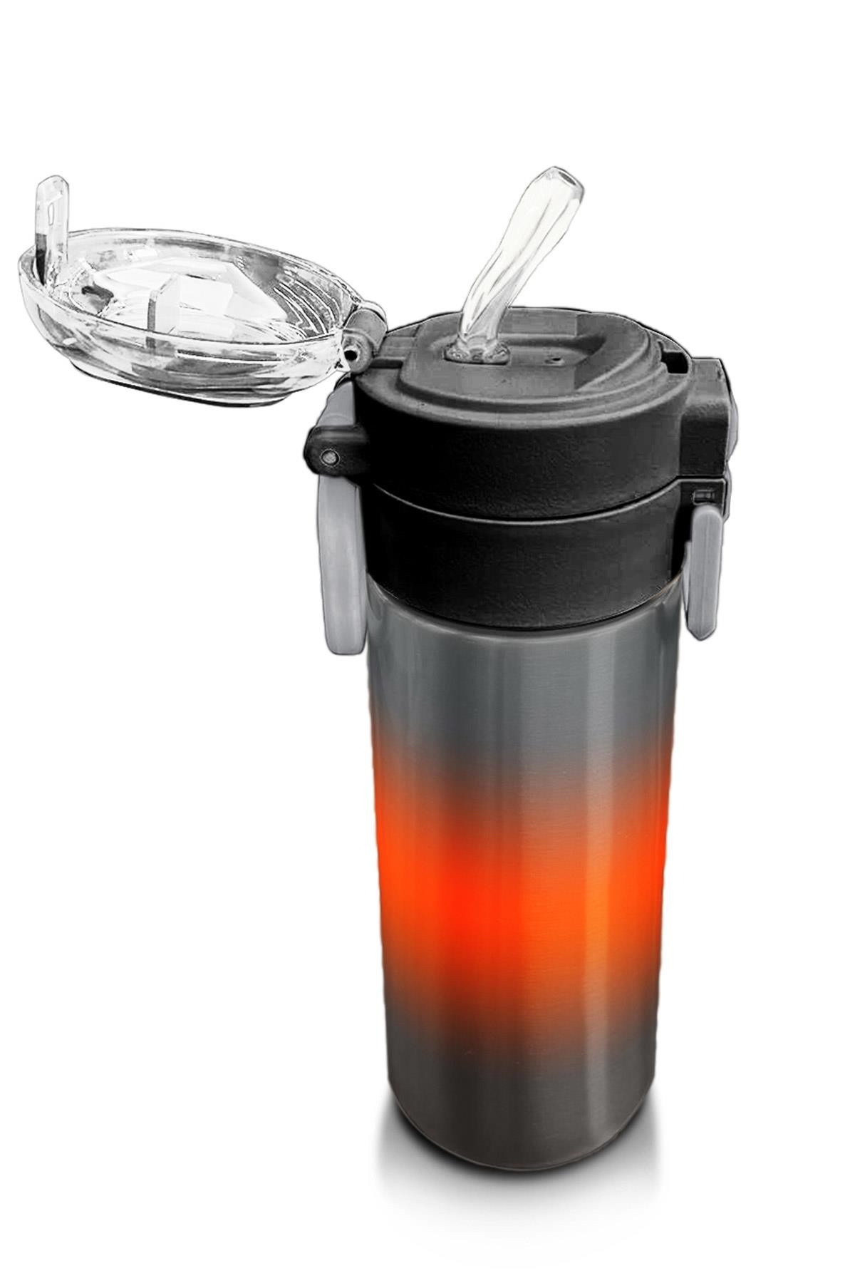 Coral High Kids Gri Turuncu Renk Geçişli Pipetli ve Direkt İçim Çelik Termos 500 ml 31949