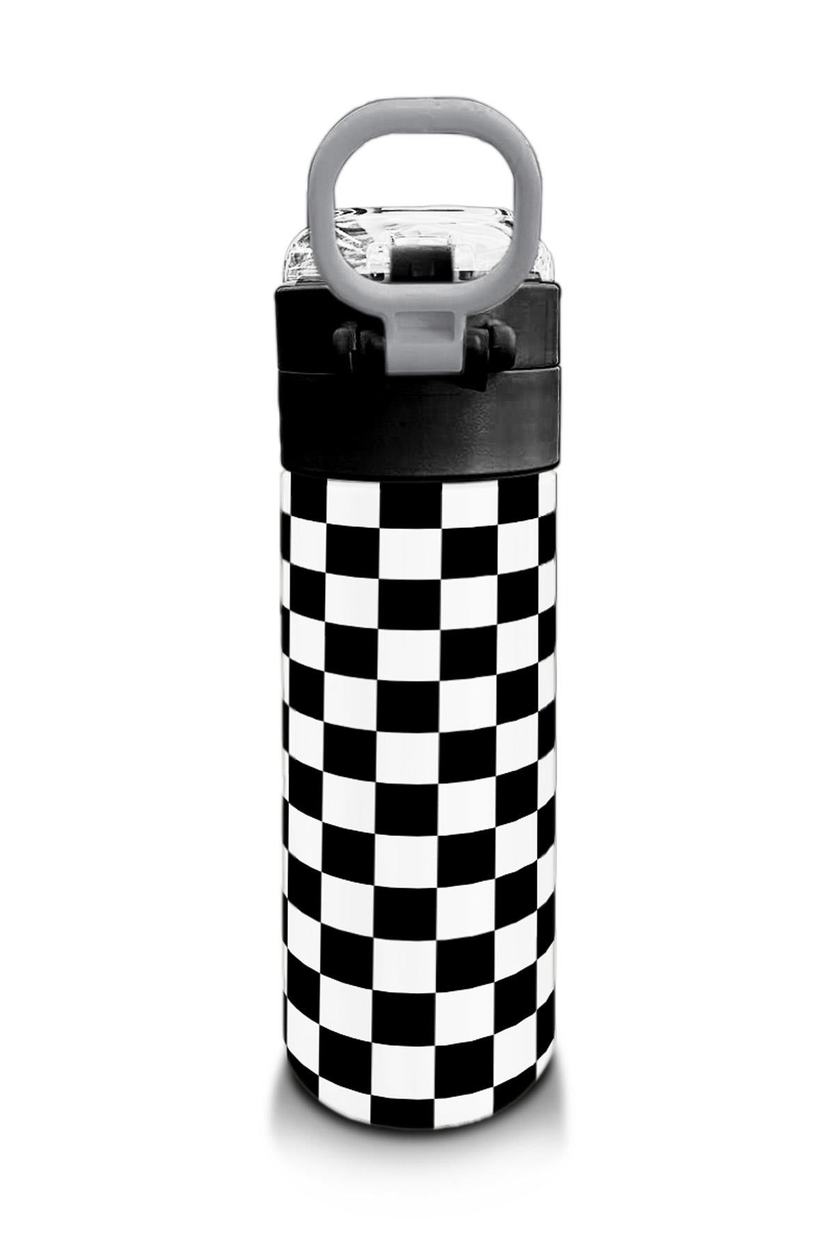 Coral High Kids Siyah Beyaz Dama Desenli Pipetli ve Direkt İçim Çelik Termos 500 ml 31877