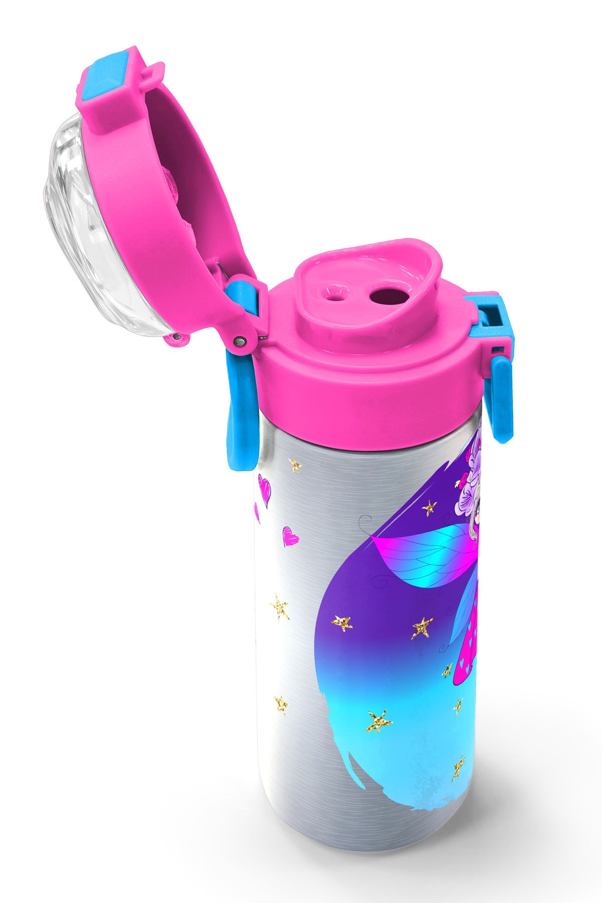 Coral High Kids Pembe Mavi Peri Desenli Pipetli ve Direkt İçim Çelik Termos 500 ml 31803