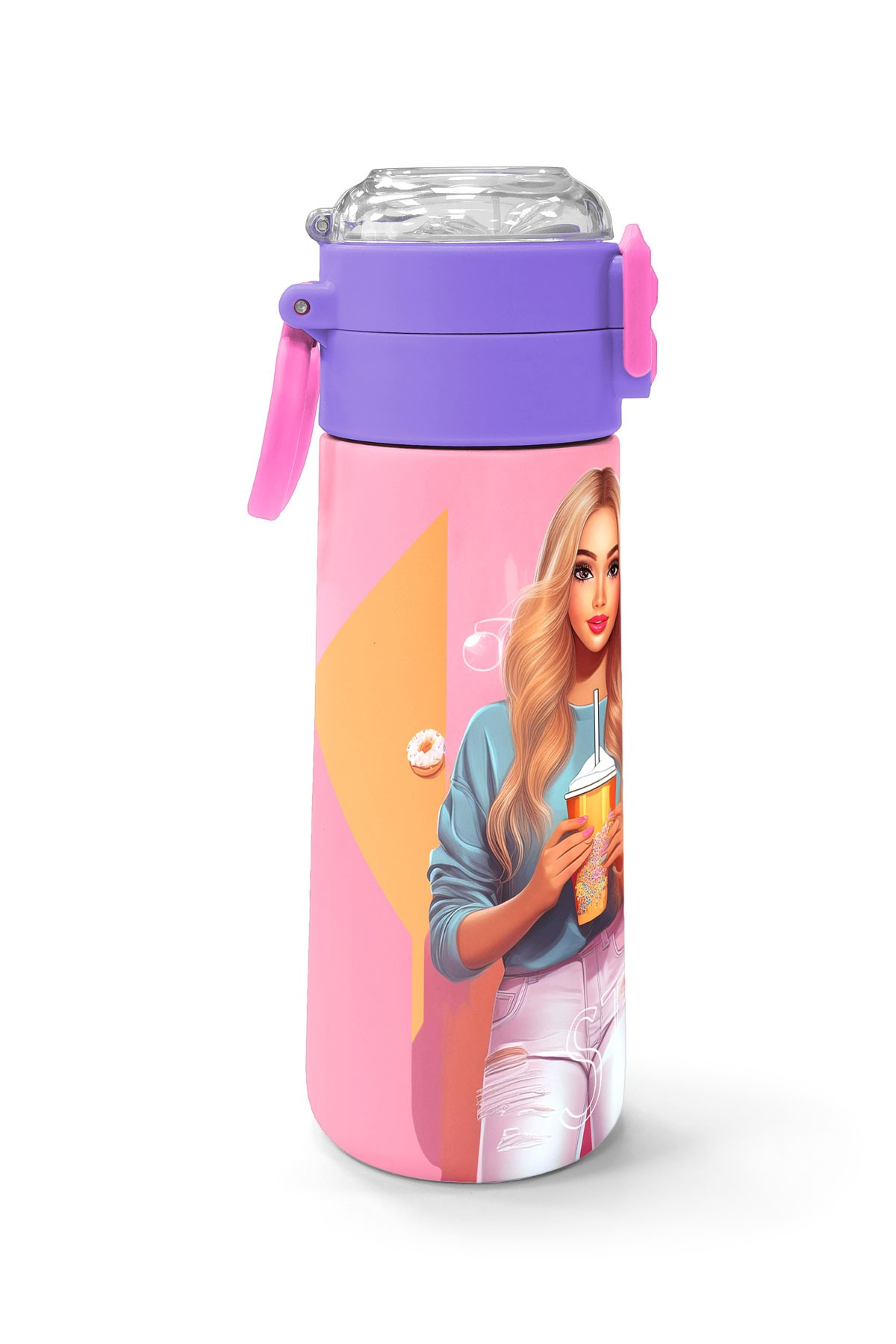 Coral High Kids Pembe Mercan Fashion Girl Desenli Pipetli ve Direkt İçim Çelik Termos 500 ml 31869