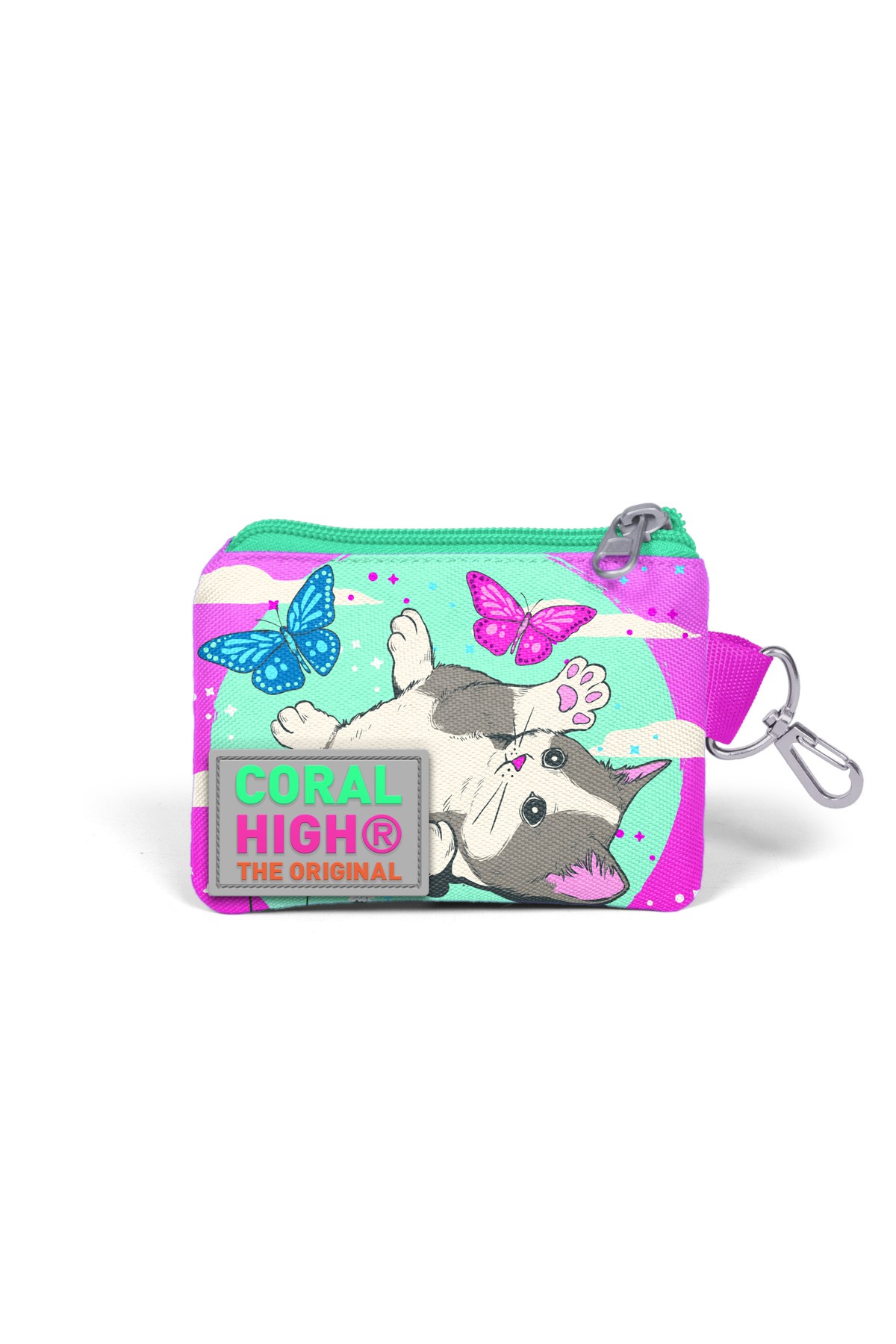 Coral High Kids Su Yeşili Pembe Kedi Desenli Bozuk Para Çantası 21807