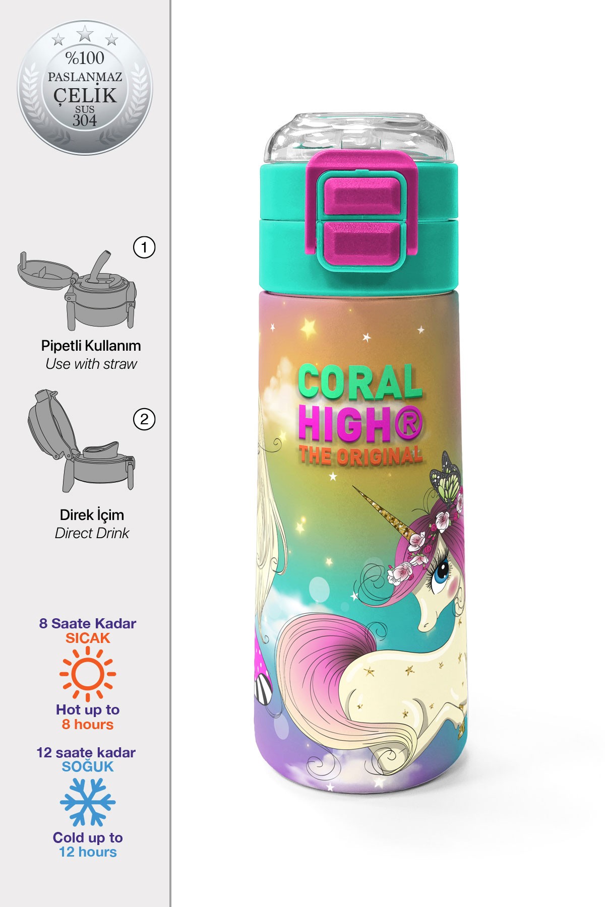 Coral High Kids Pembe Su Yeşili Unicornlu Desenli Pipetli ve Direkt İçim Çelik Termos 500 ml 31940