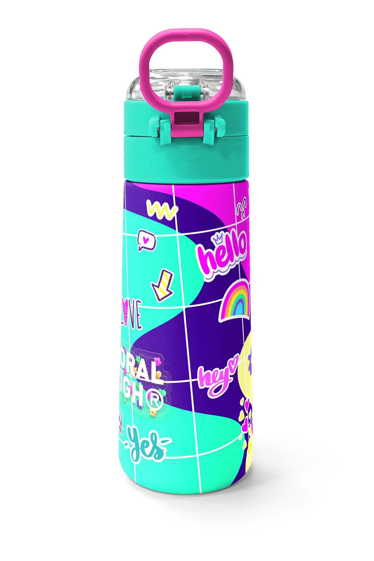 Coral High Kids Pembe Su Yeşili Flamingo Desenli Pipetli ve Direkt İçim Çelik Termos 500 ml 31811