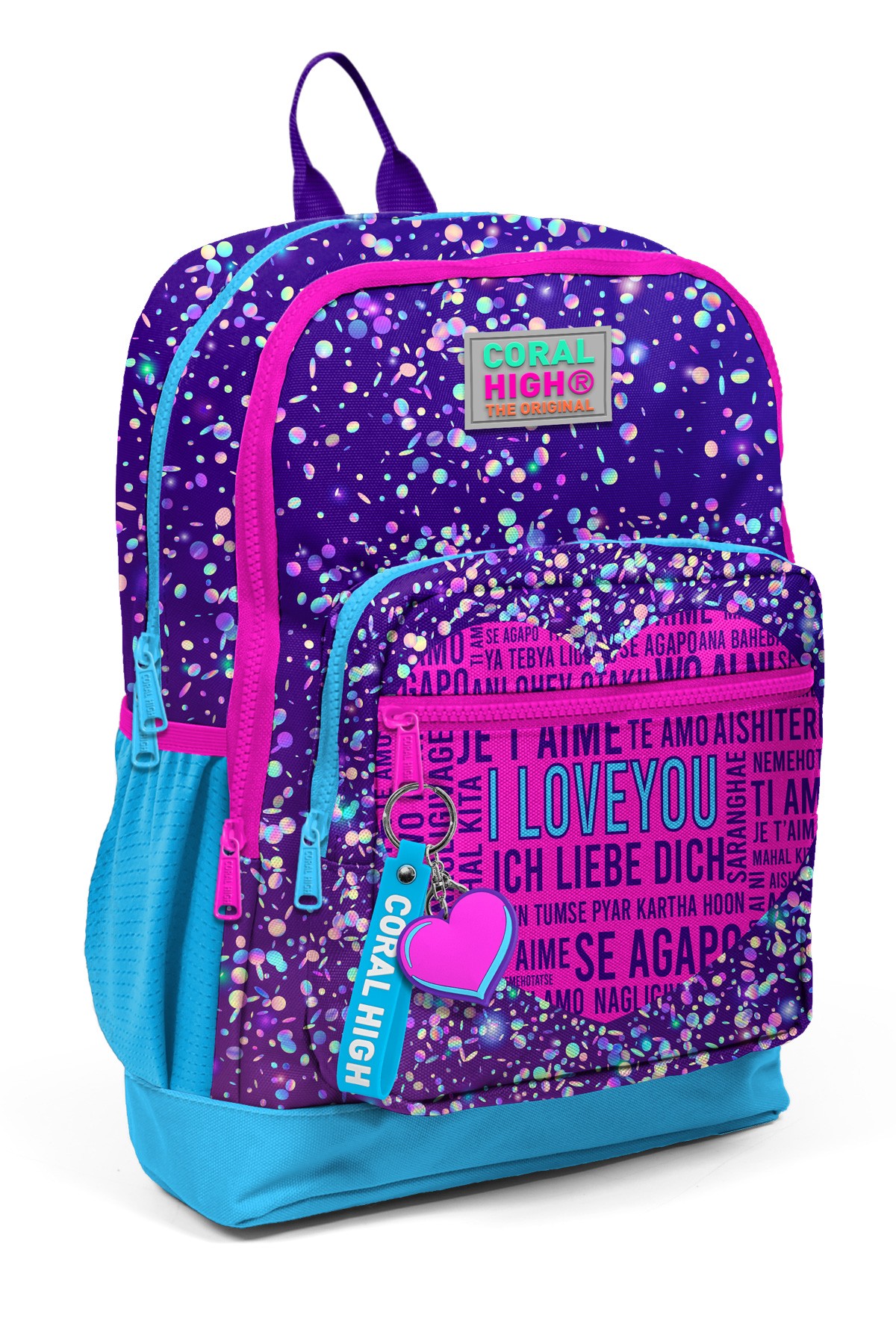 Coral High Kids Mor Mavi Pembe Kalp Desenli Dört Bölmeli Okul Sırt Çantası 23740