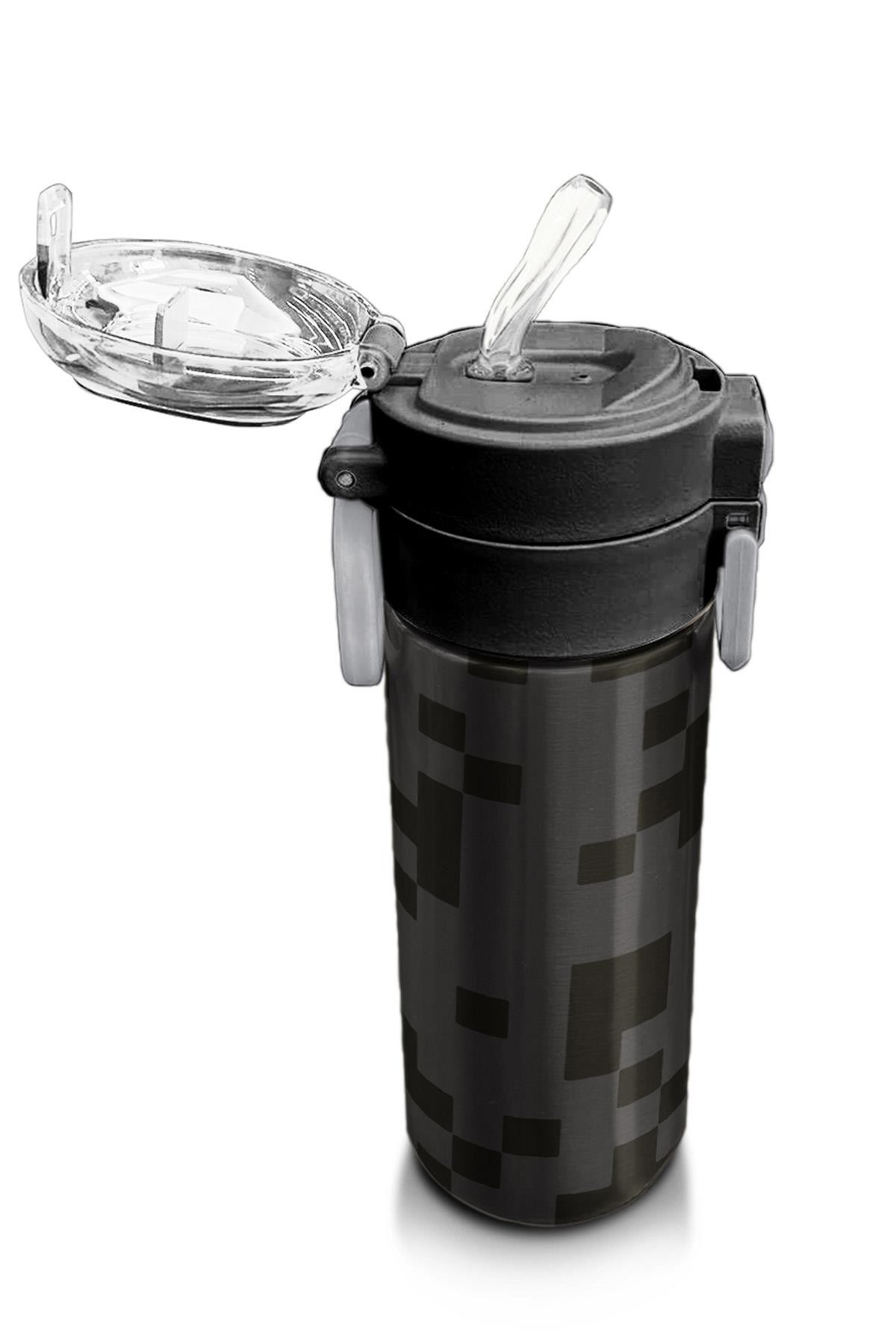 Coral High Kids Siyah Blok Desenli Pipetli ve Direkt İçim Çelik Termos 500 ml 31894