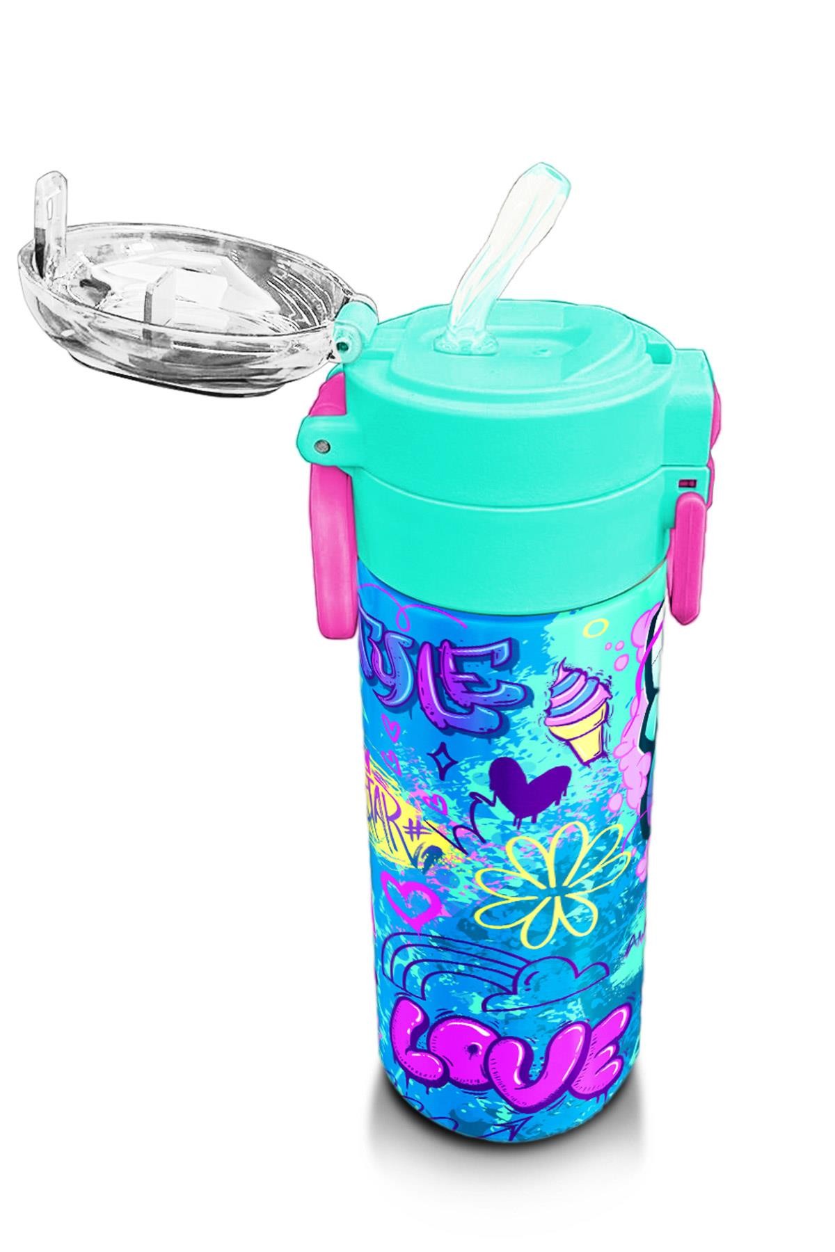 Coral High Kids Lavanta Su Yeşili Grafiti Desenli Pipetli ve Direkt İçim Çelik Termos 500 ml 31971