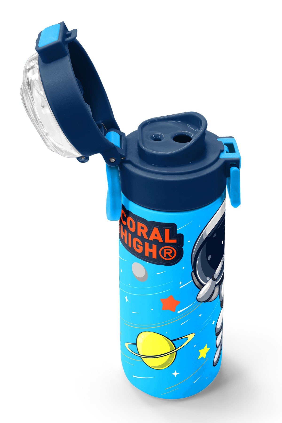 Coral High Kids Lacivert Mavi Astronot Desenli Pipetli ve Direkt İçim Çelik Termos 500 ml 31804