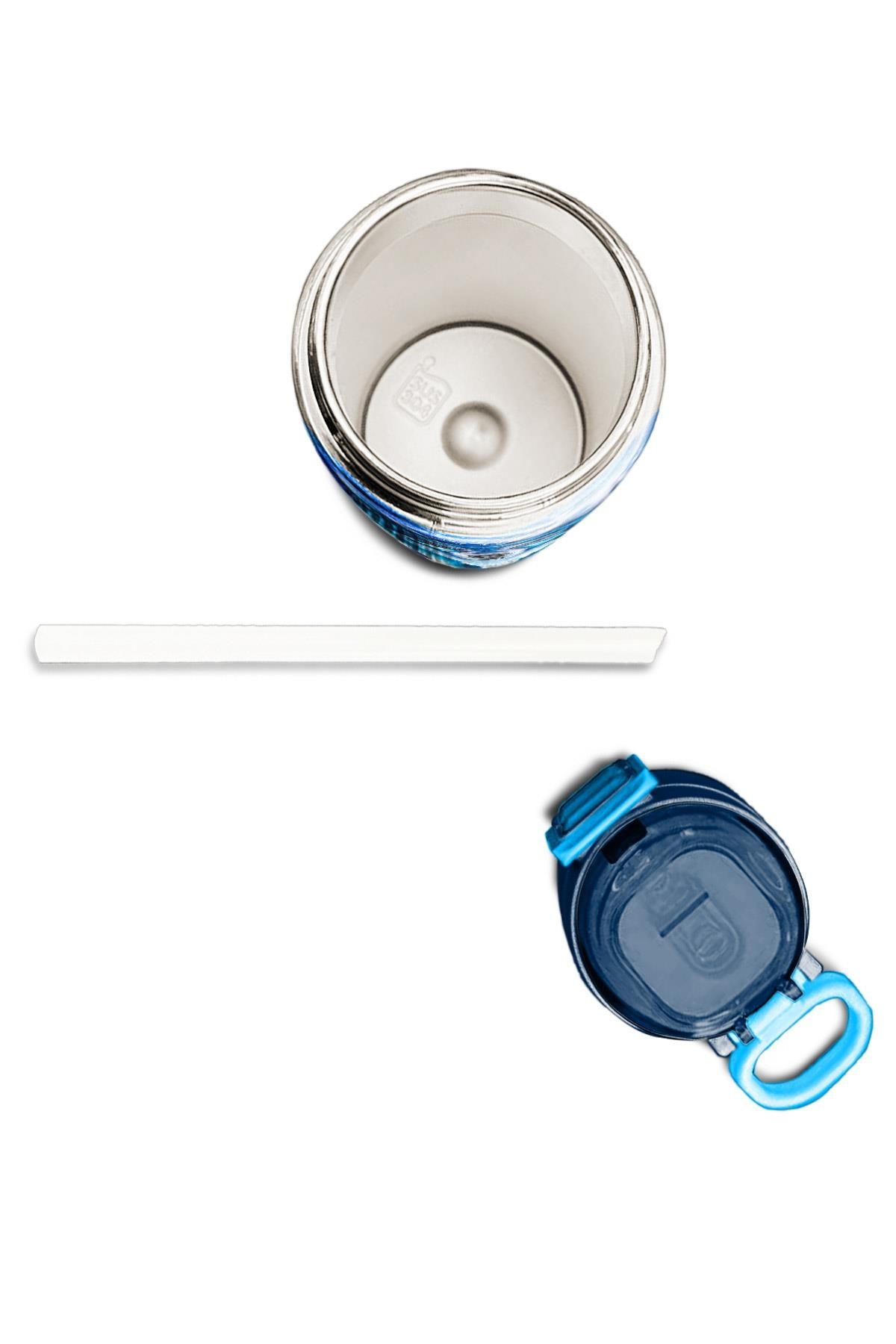 Coral High Kids Lacivert Mavi Kurt Desenli Pipetli ve Direkt İçim Çelik Termos 500 ml 31945