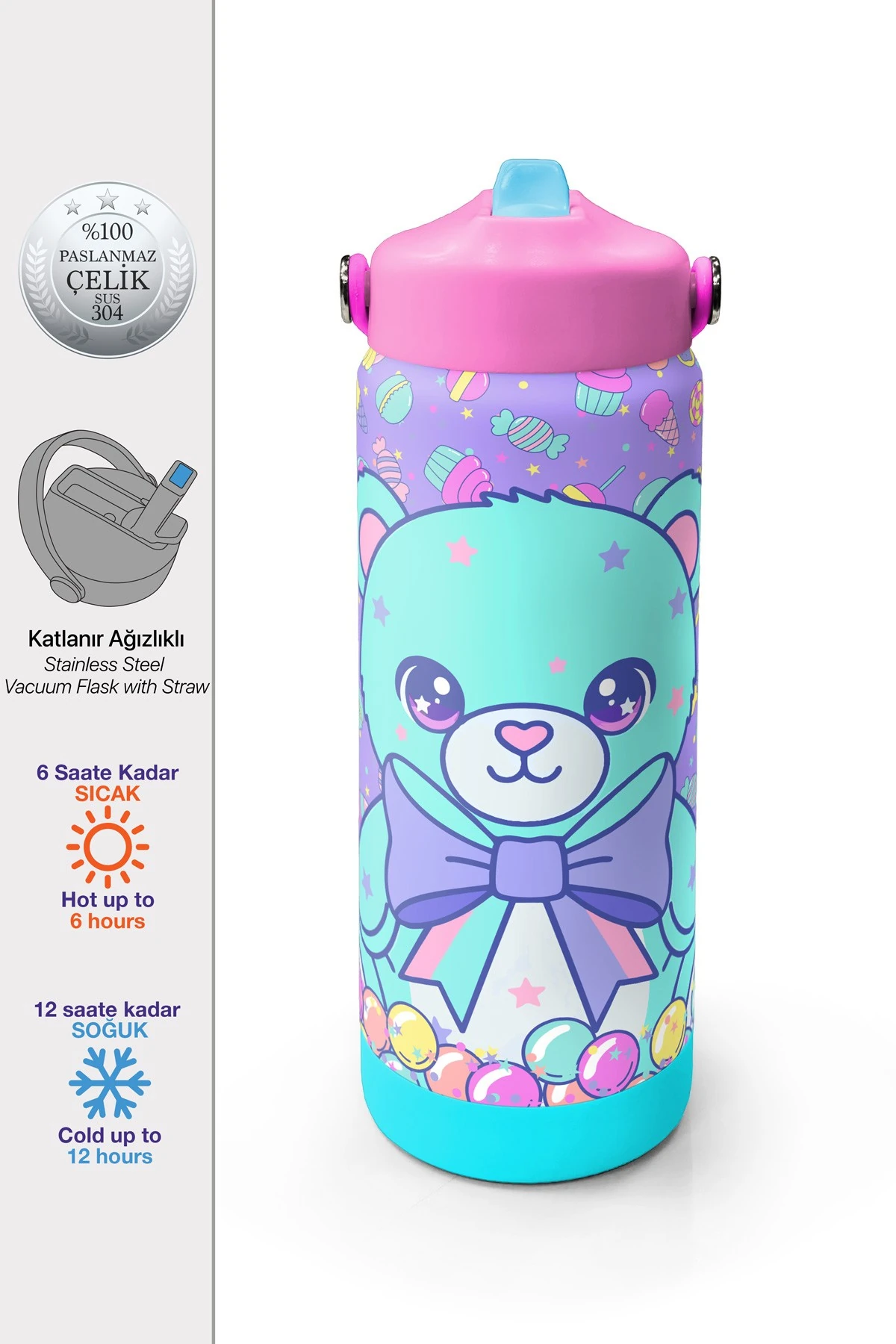 Coral High Milka Candy Teddy Bear Patterned Steel Thermos with