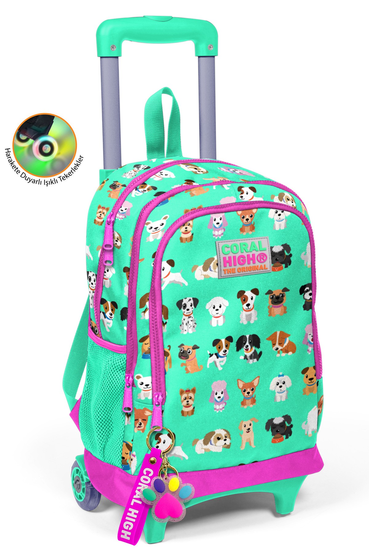 Coral High Kids Su Yeşili Neon Pembe Köpek Desenli Üç Bölmeli Çekçekli Okul Sırt Çantası 23362