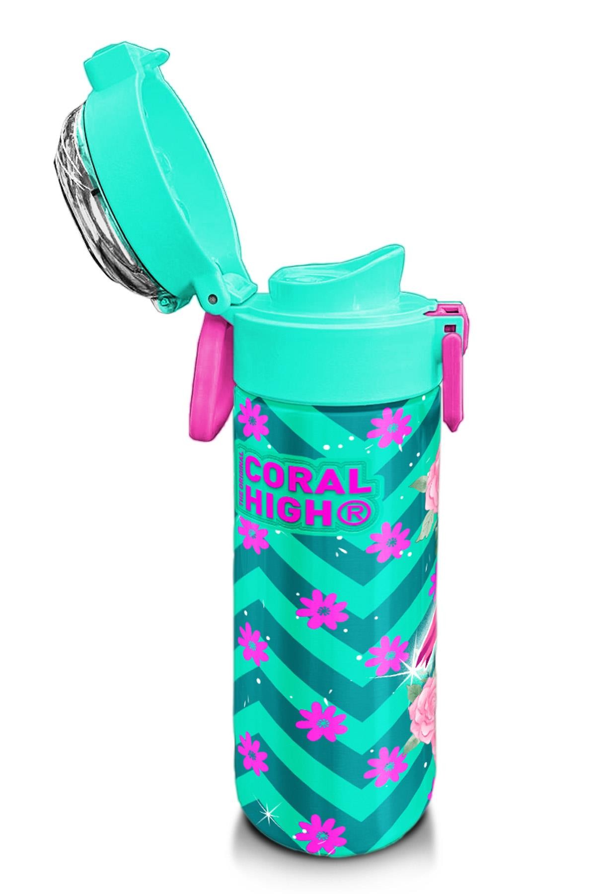 Coral High Kids Su Yeşili Pembe Flamingo Desenli Pipetli ve Direkt İçim Çelik Termos 500 ml 31820