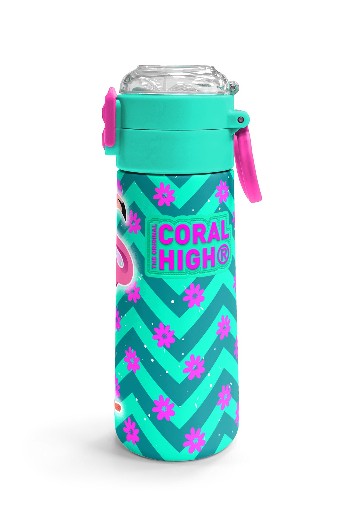Coral High Kids Su Yeşili Pembe Flamingo Desenli Pipetli ve Direkt İçim Çelik Termos 500 ml 31820
