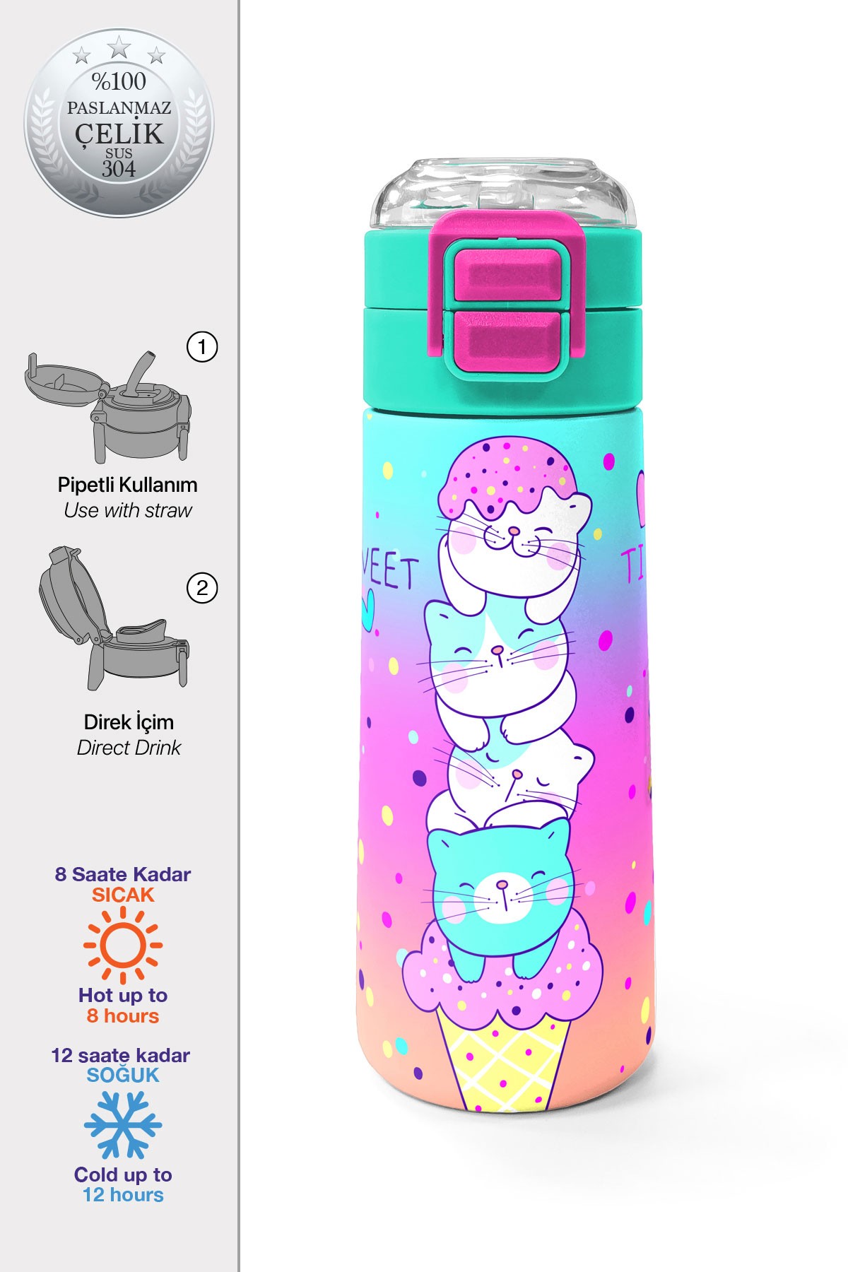 Coral High Kids Renkli Dondurmalı Kedi Desenli Pipetli ve Direkt İçim Çelik Termos 500 ml 31812