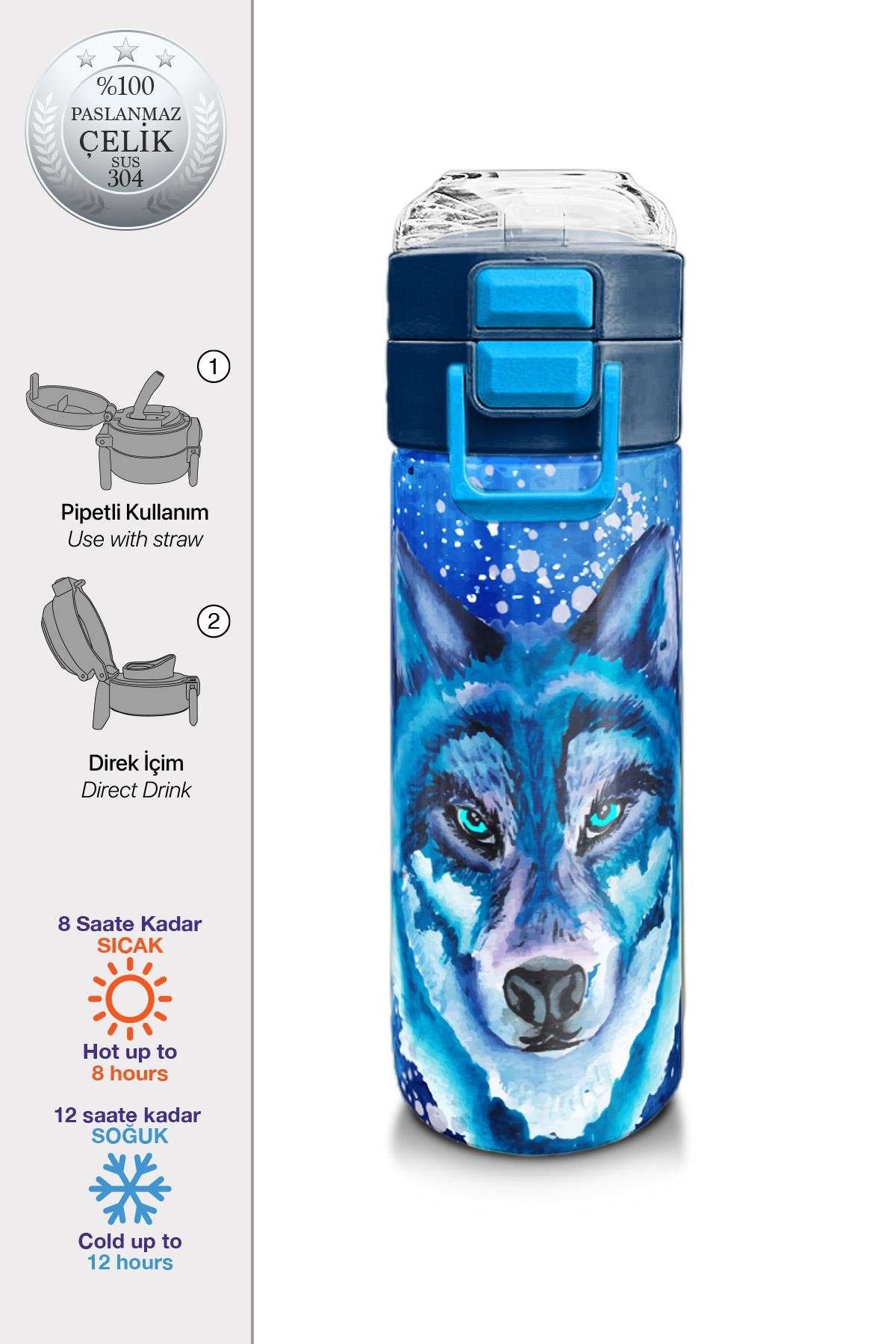 Coral High Kids Lacivert Mavi Kurt Desenli Pipetli ve Direkt İçim Çelik Termos 500 ml 31945