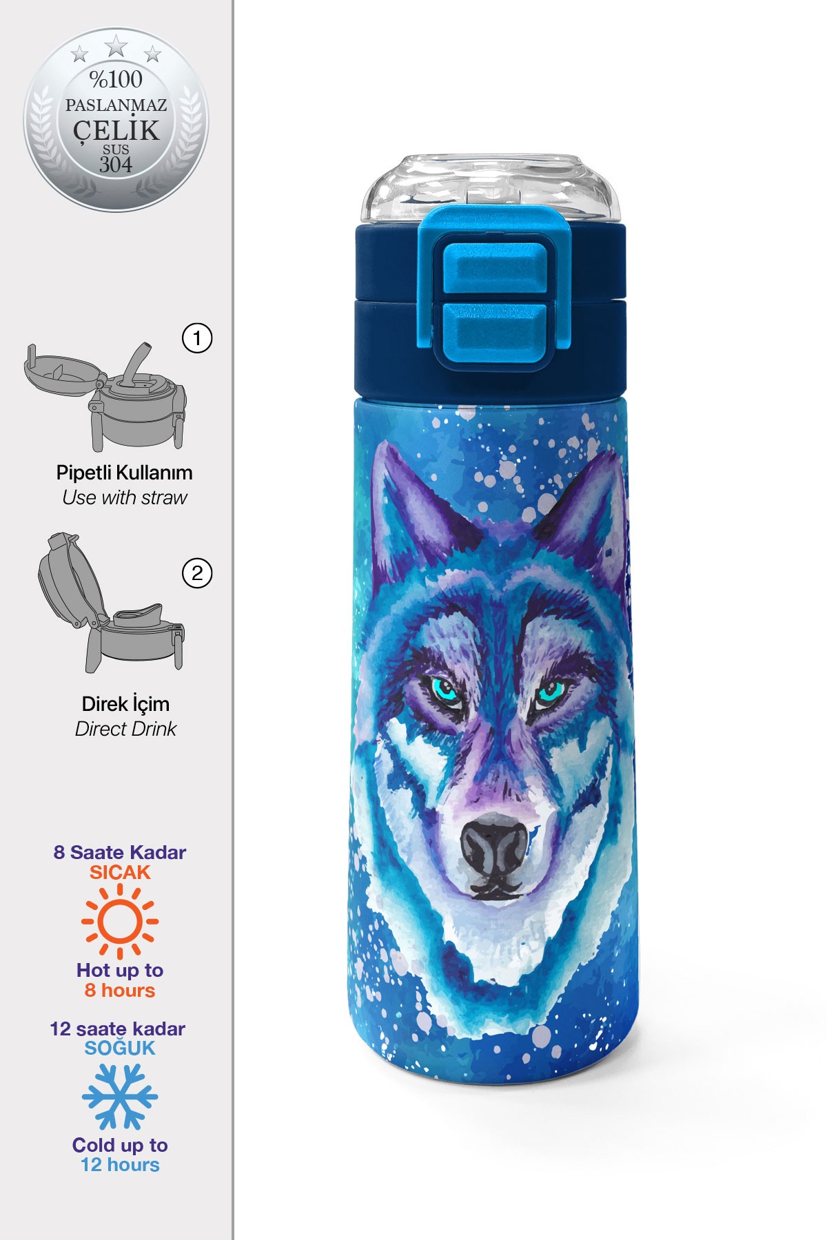 Coral High Kids Lacivert Mavi Kurt Desenli Pipetli ve Direkt İçim Çelik Termos 500 ml 31945