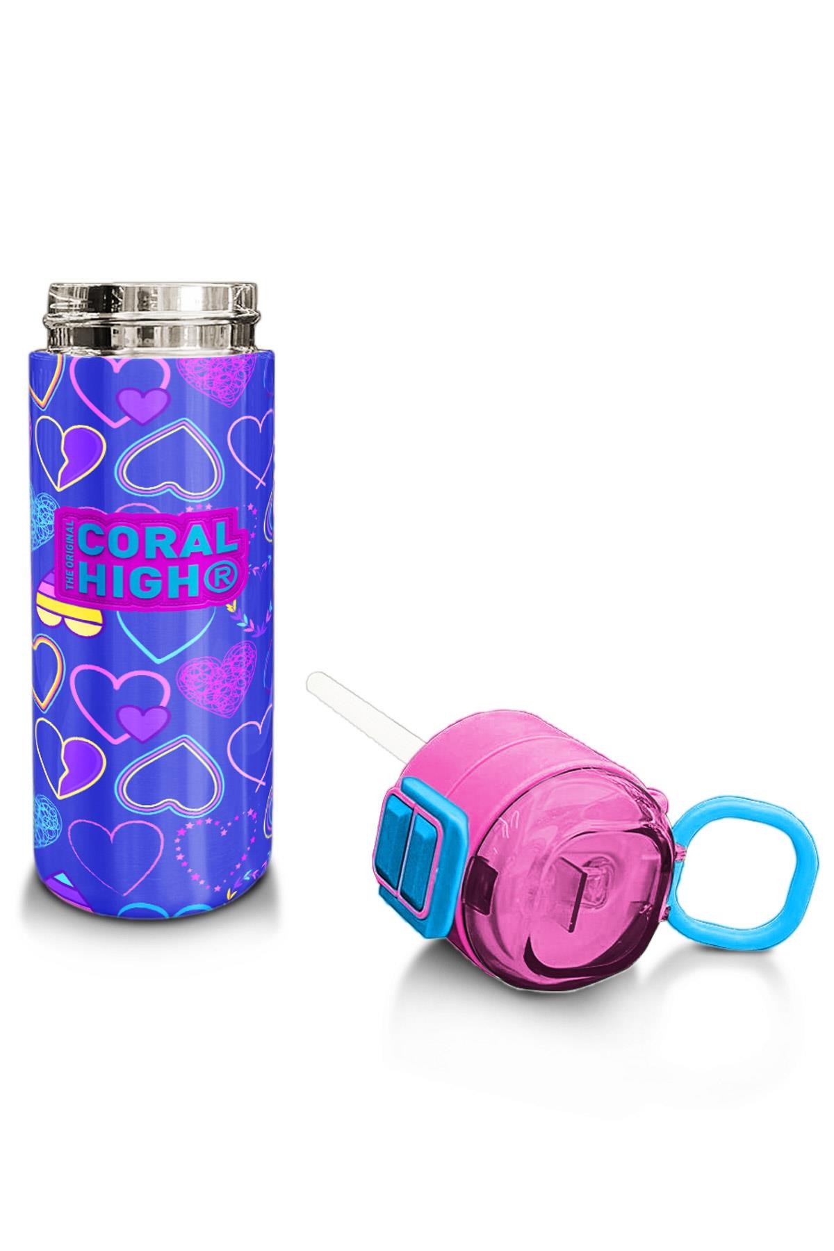 Coral High Kids Açık Pembe Lavanta Kalp Desenli Pipetli ve Direkt İçim Çelik Termos 500 ml 31977