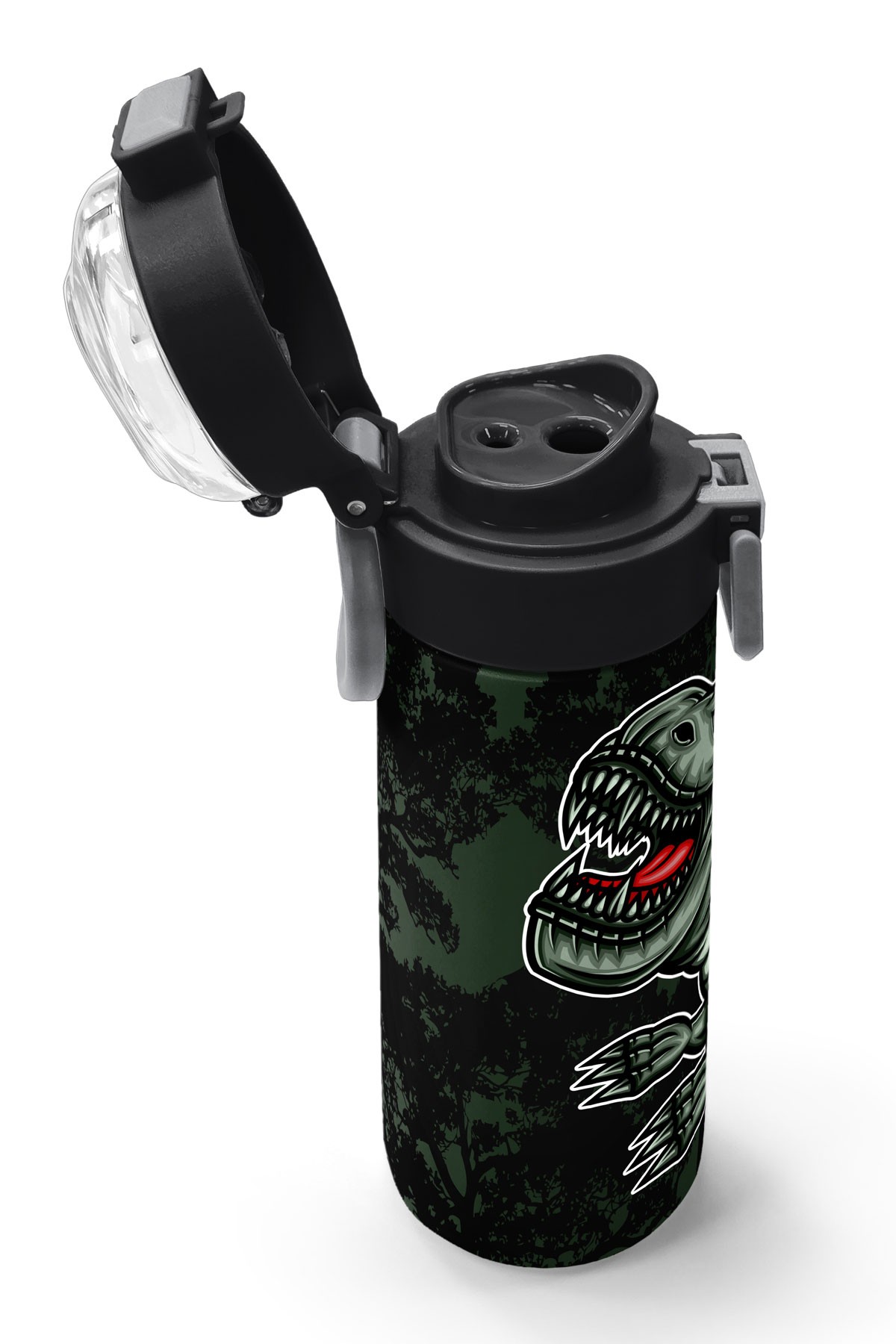 Coral High Kids Koyu Yeşil Siyah Dinozor Desenli Pipetli ve Direkt İçim Çelik Termos 500 ml 31934