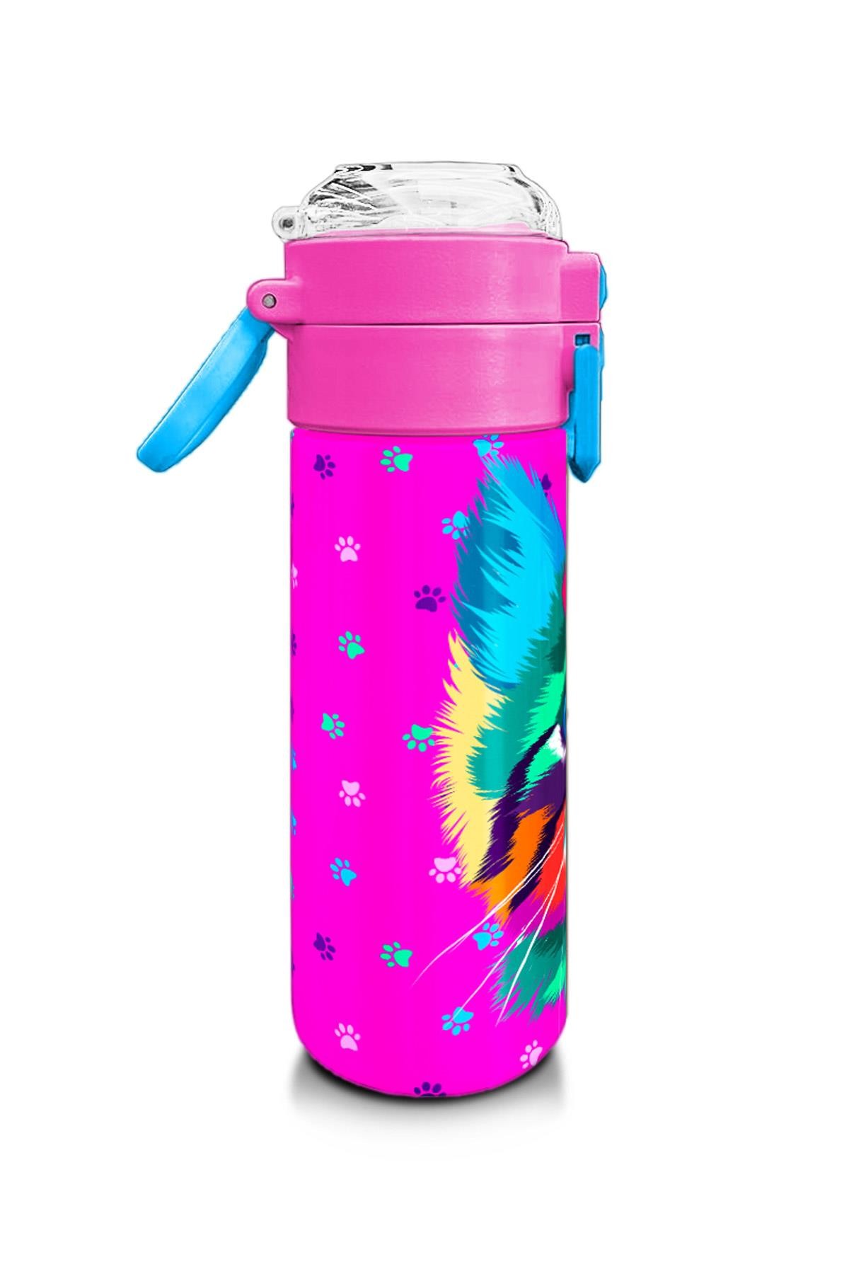 Coral High Kids Mor Pembe Kedi Desenli Pipetli ve Direkt İçim Çelik Termos 500 ml 31800