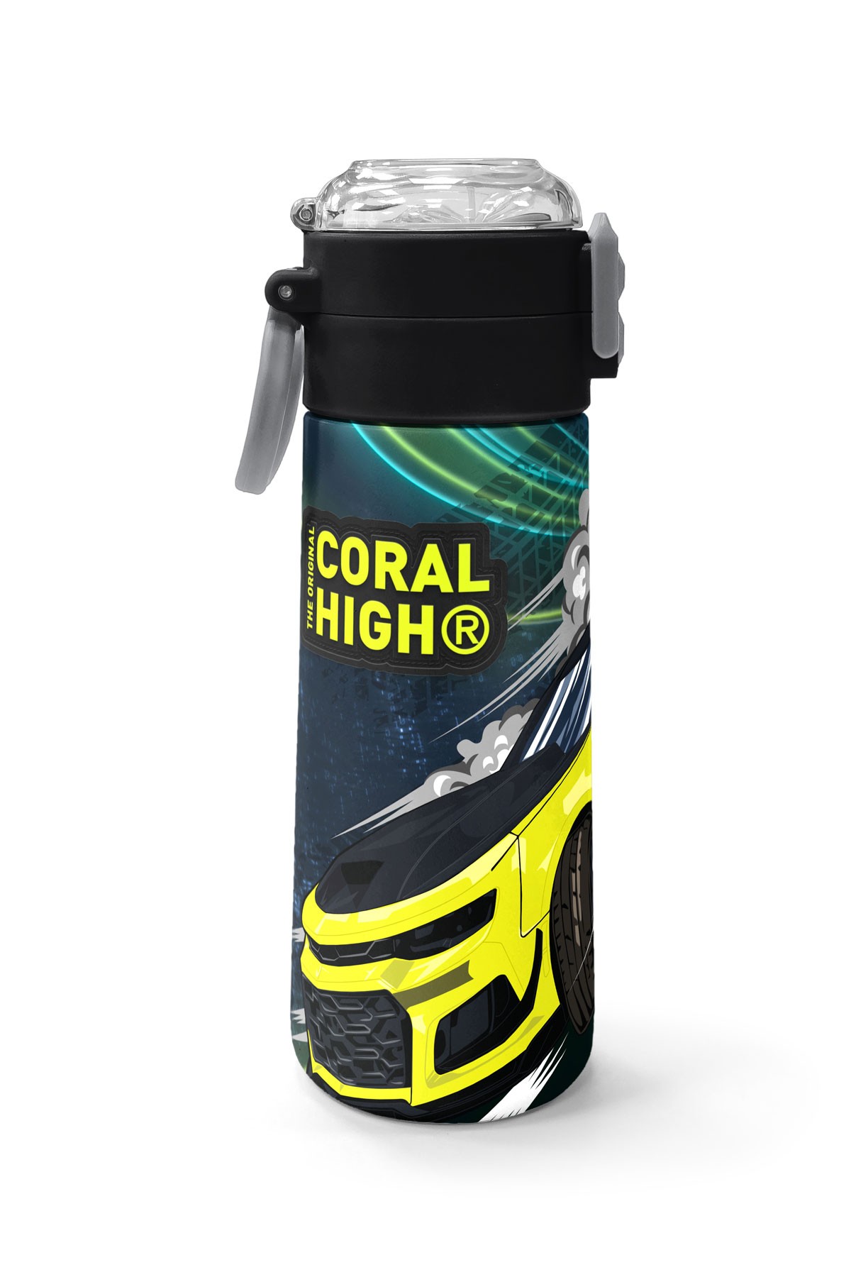 Coral High Kids Nefti Fosforlu Sarı Araba Desenli Pipetli ve Direkt İçim Çelik Termos 500 ml 31834