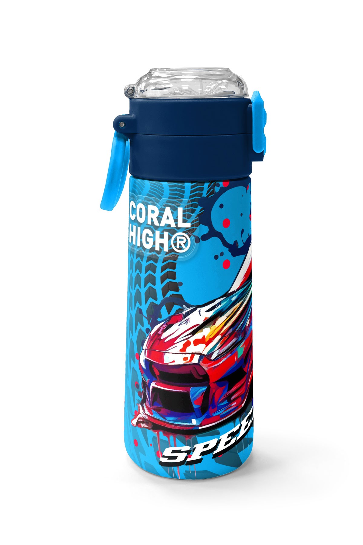 Coral High Kids Gri Mavi Yarış Arabası Desenli Pipetli ve Direkt İçim Çelik Termos 500 ml 31815