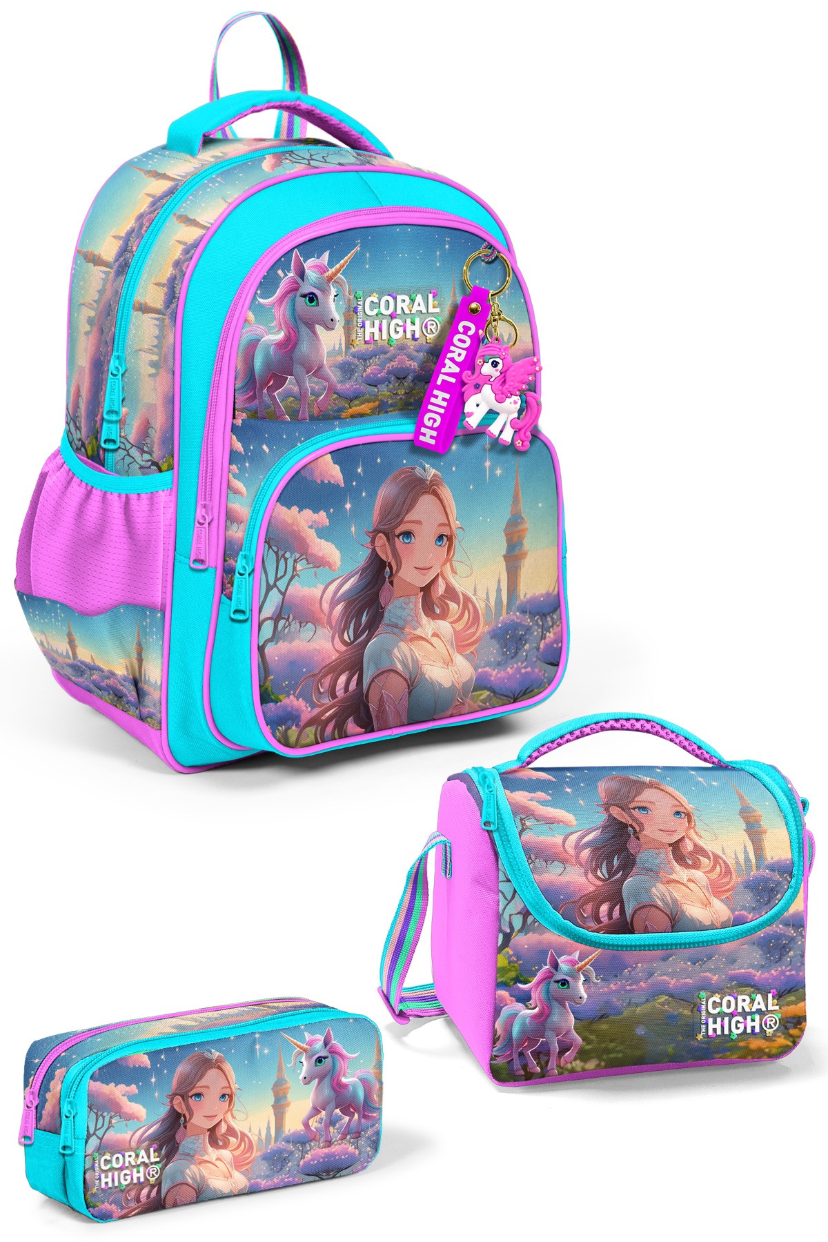 Coral High Kids Turkuaz Pembe Anime Kız Desenli 3 lü Okul Çanta Seti SET0114420