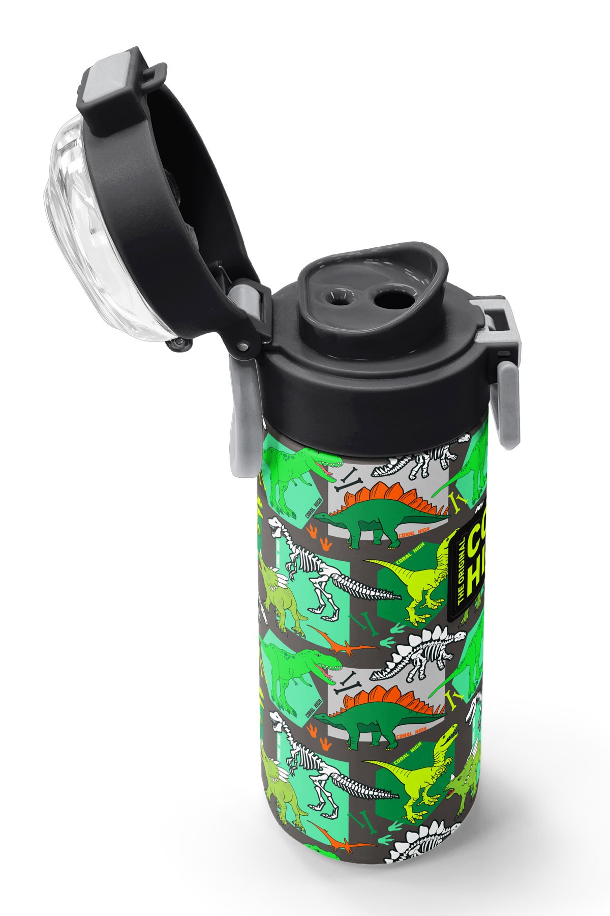 Coral High Kids Gri Yeşil Dinozor Desenli Pipetli ve Direkt İçim Çelik Termos 500 ml 31976