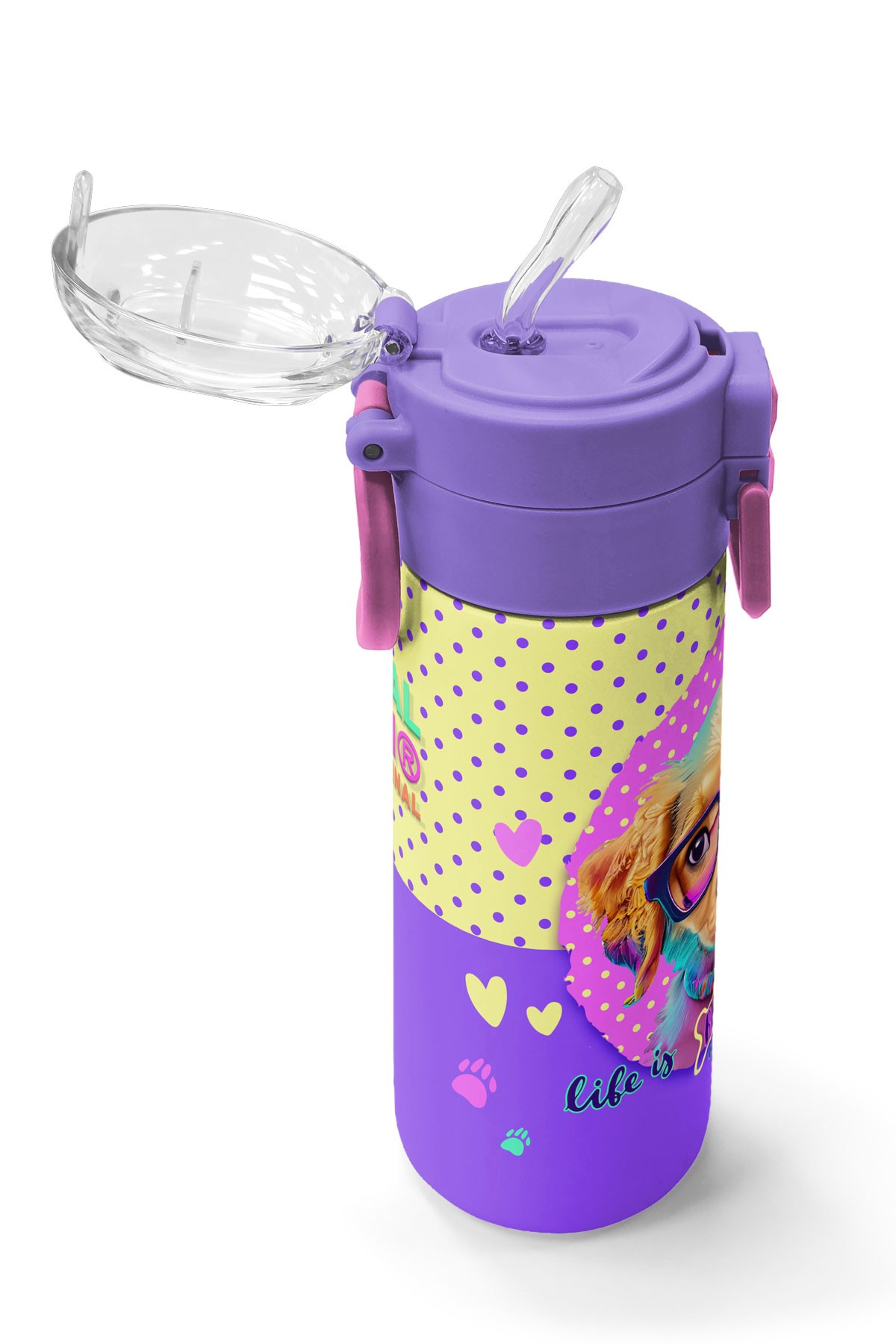 Coral High Kids Sarı Pembe Sevimli Köpek Desenli Pipetli ve Direkt İçim Çelik Termos 500 ml 31953