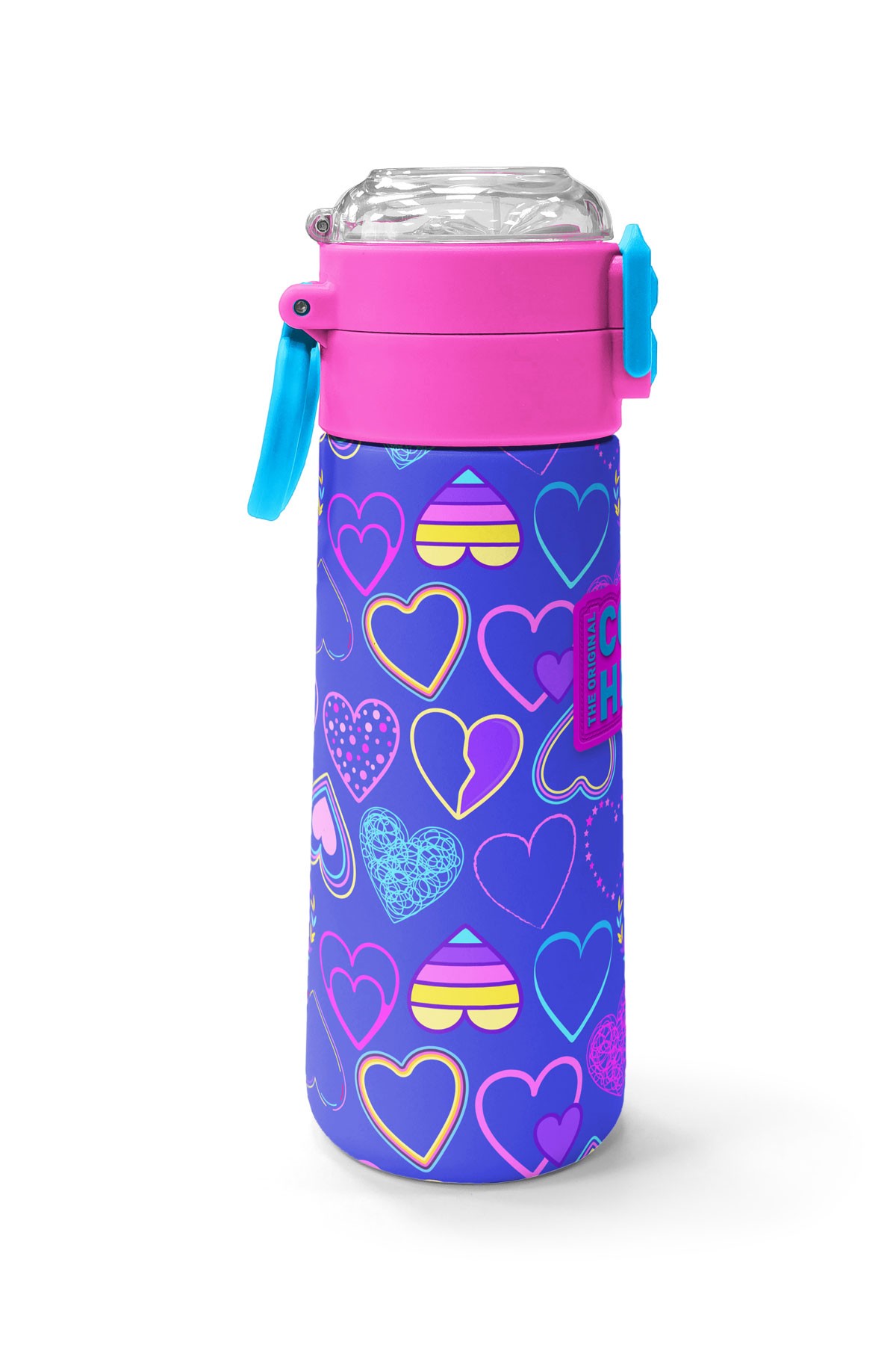 Coral High Kids Açık Pembe Lavanta Kalp Desenli Pipetli ve Direkt İçim Çelik Termos 500 ml 31977
