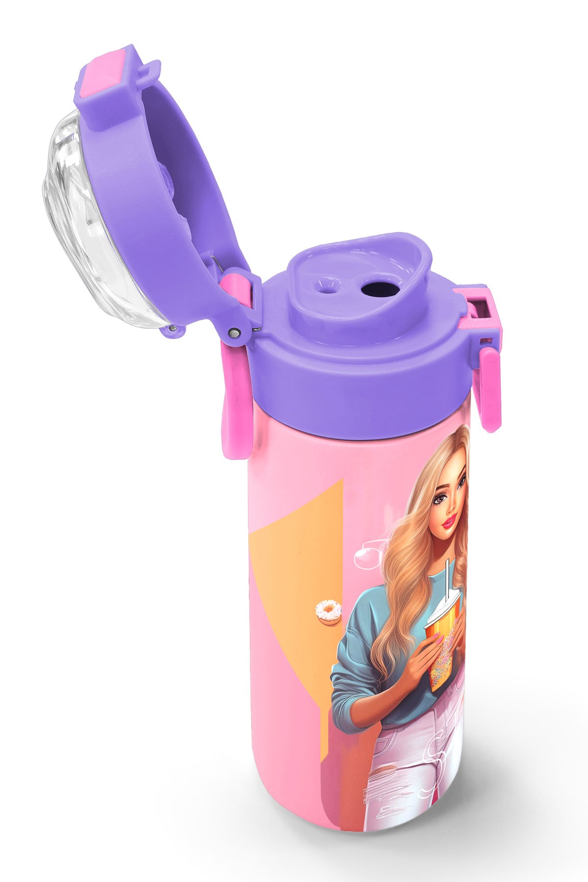 Coral High Kids Pembe Mercan Fashion Girl Desenli Pipetli ve Direkt İçim Çelik Termos 500 ml 31869