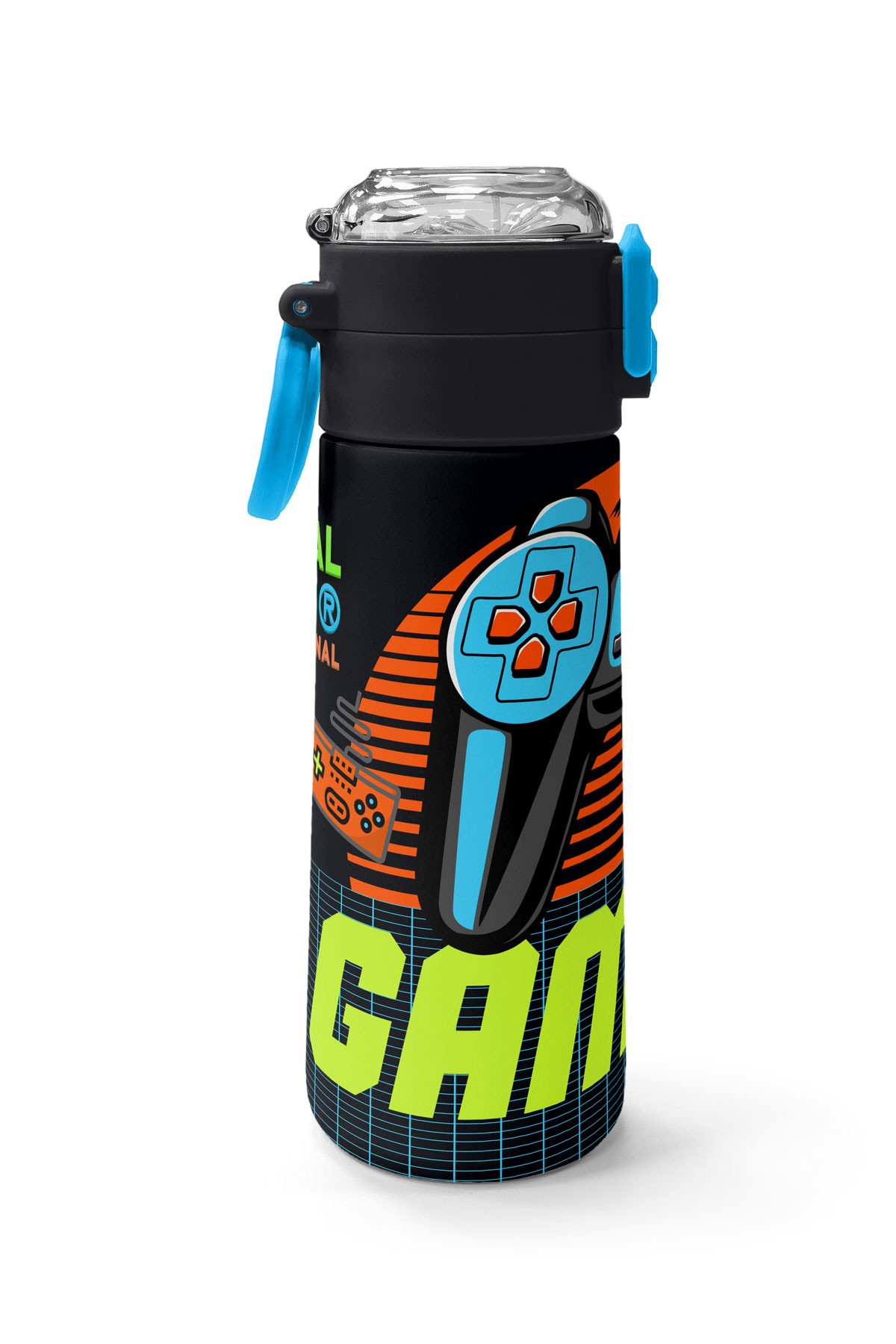 Coral High Kids Gri Turuncu Gamer Desenli Pipetli ve Direkt İçim Çelik Termos 500 ml 31947