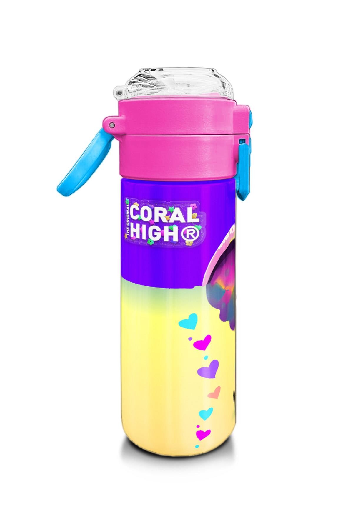 Coral High Kids Pembe Turkuaz Fil Desenli Pipetli ve Direkt İçim Çelik Termos 500 ml 31814
