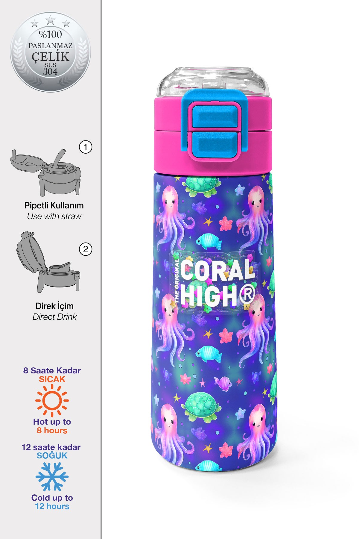 Coral High Kids Lavanta Turkuaz Deniz Temalı Pipetli ve Direkt İçim Çelik Termos 500 ml 31860