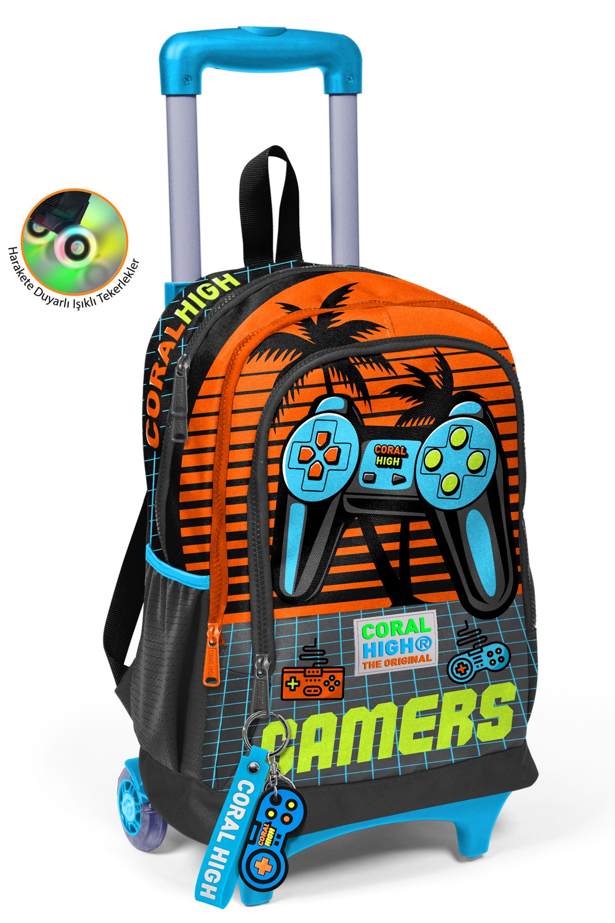 Coral High Kids Gri Turuncu Gamer Desenli Üç Bölmeli Çekçekli Okul Sırt Çantası 23946