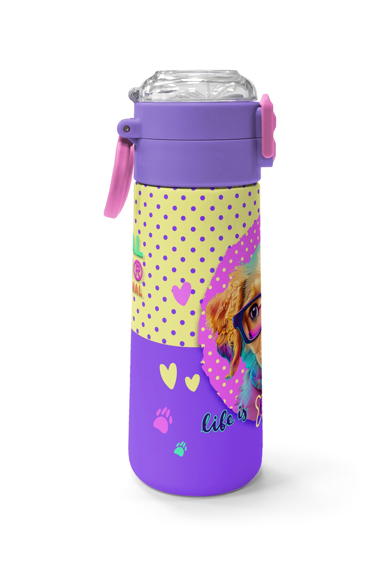 Coral High Kids Sarı Pembe Sevimli Köpek Desenli Pipetli ve Direkt İçim Çelik Termos 500 ml 31953