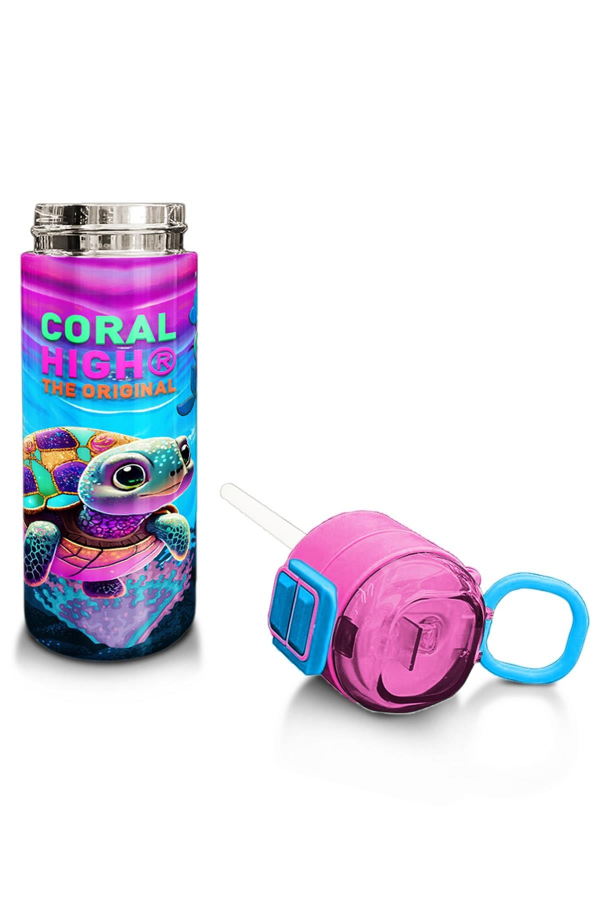 Coral High Kids Pembe Mor Kaplumbağa Desenli Pipetli ve Direkt İçim Çelik Termos 500 ml 31957