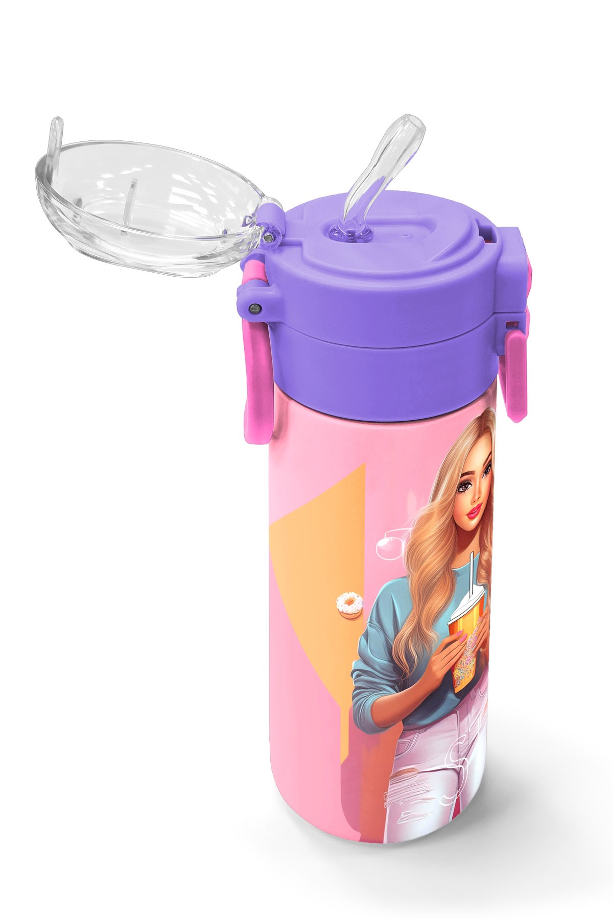 Coral High Kids Pembe Mercan Fashion Girl Desenli Pipetli ve Direkt İçim Çelik Termos 500 ml 31869