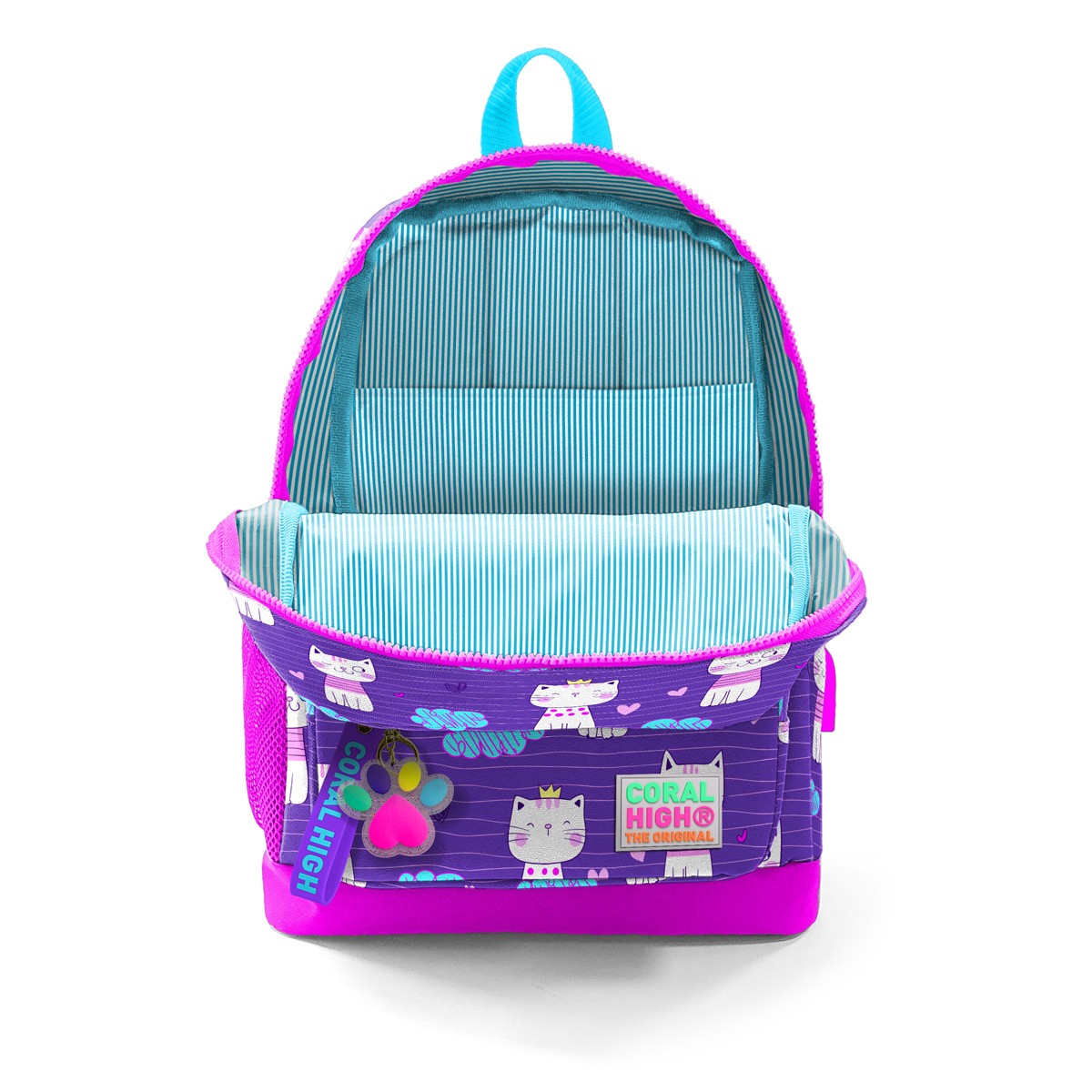 Coral High Kids Mor Pembe Kedi Desenli Dört Bölmeli USB'li Okul Sırt Çantası 23264
