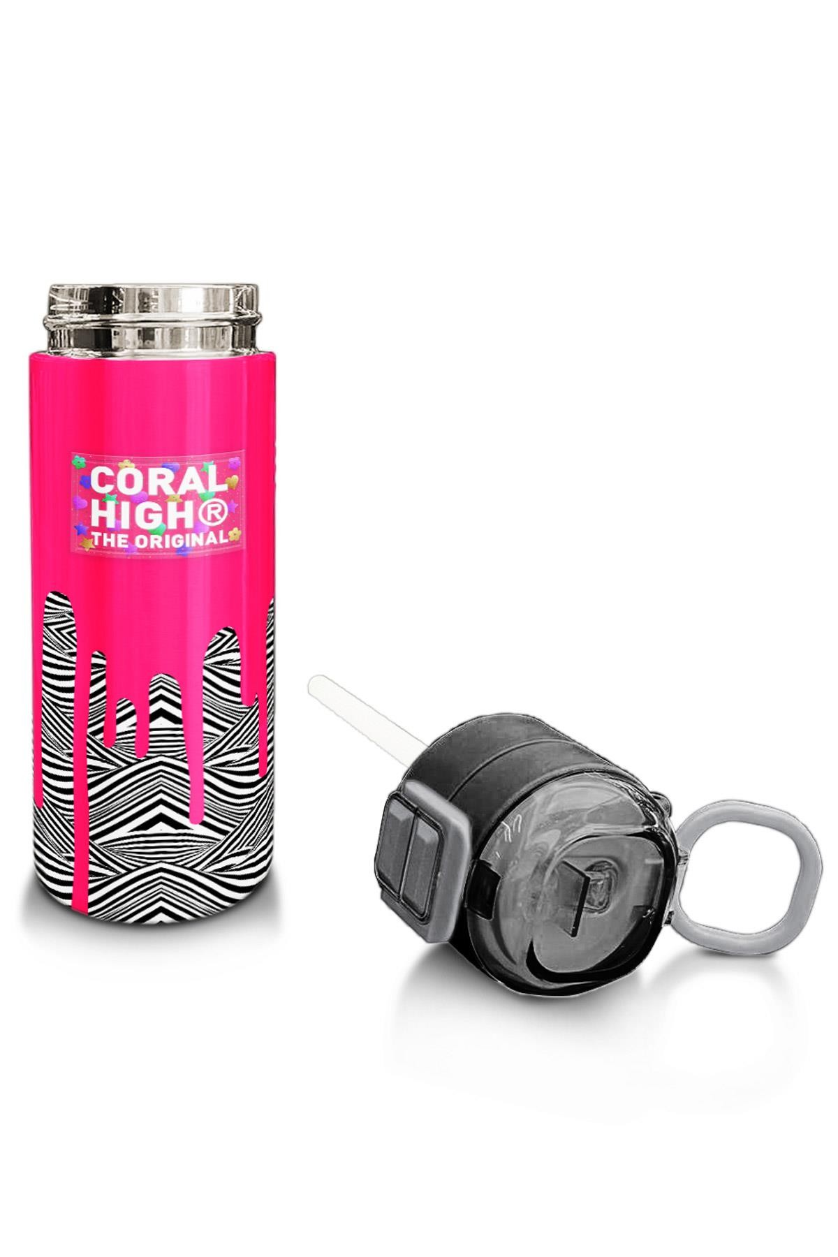 Coral High Kids Pembe Siyah Beyaz Desenli Pipetli ve Direkt İçim Çelik Termos 500 ml 31878