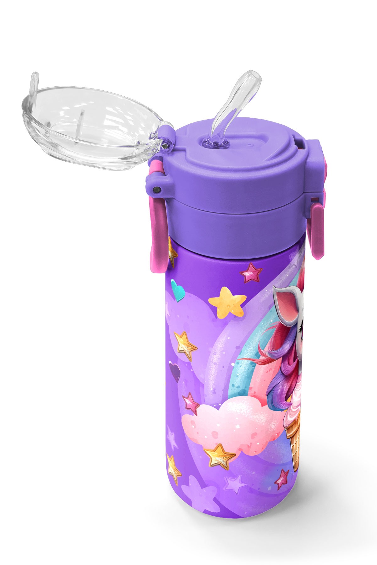 Coral High Kids Mor Pembe Unicorn Dondurma Desenli Pipetli ve Direkt İçim Çelik Termos 500 ml 31859