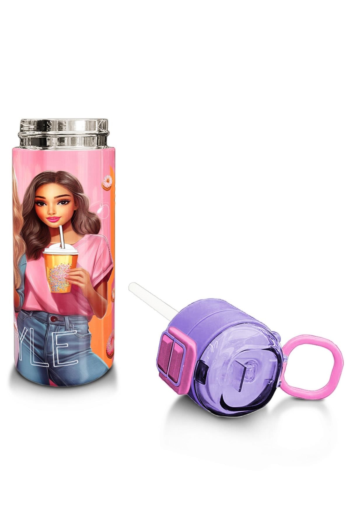 Coral High Kids Pembe Mercan Fashion Girl Desenli Pipetli ve Direkt İçim Çelik Termos 500 ml 31869