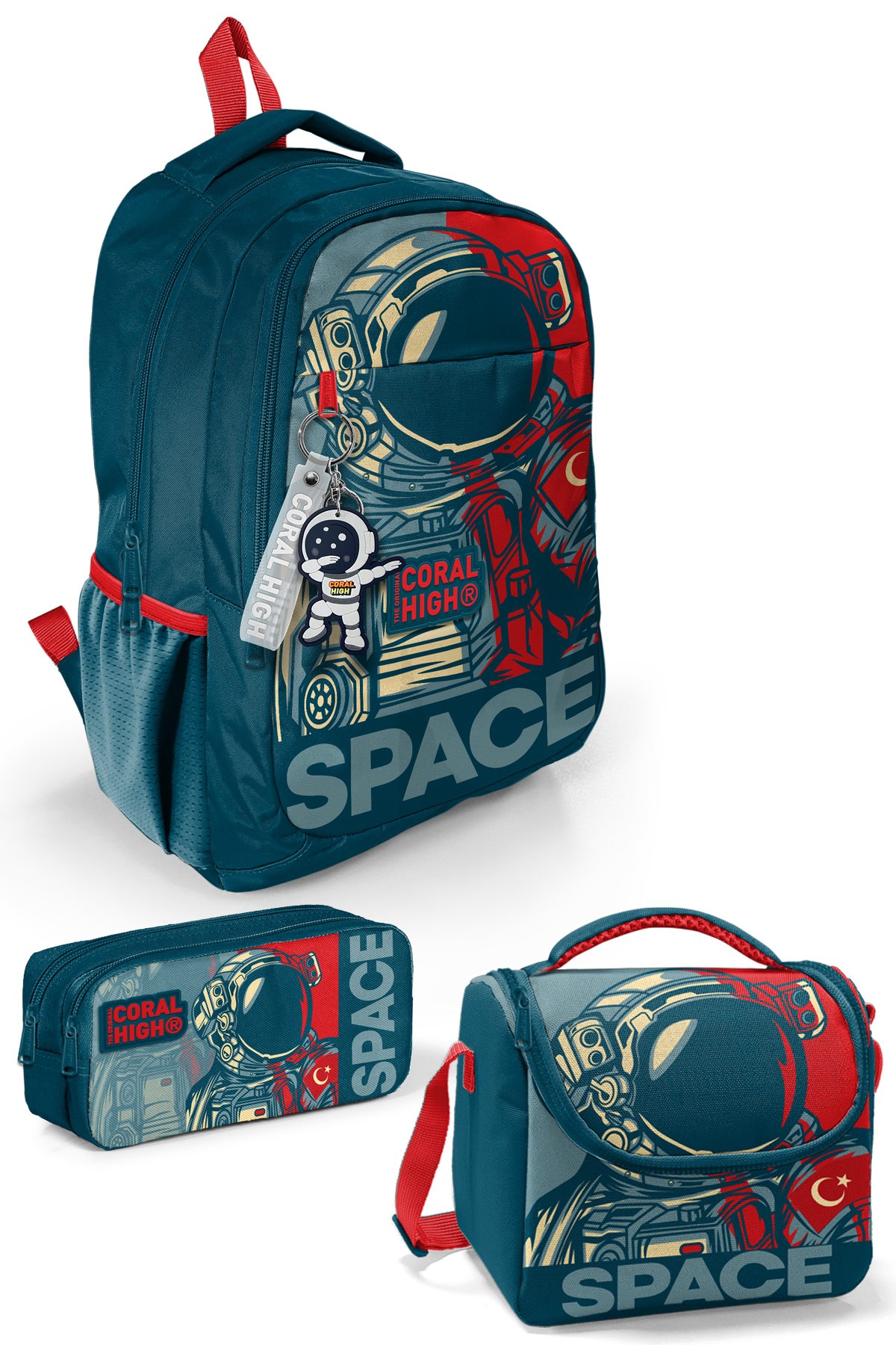 Coral High Kids Çivit Kırmızı Astronot Desenli 3’lü Okul Çanta Seti SET0114389