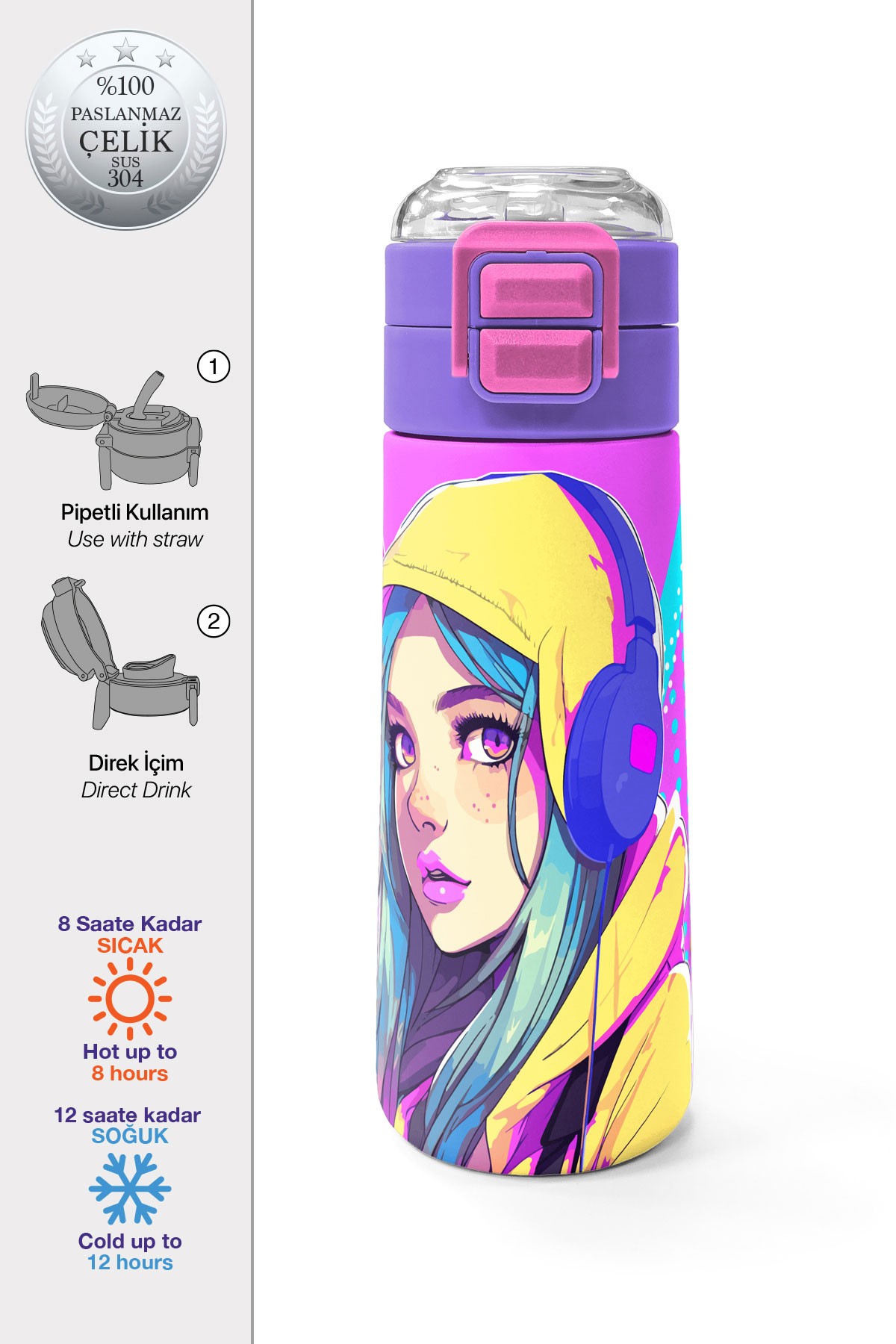 Coral High Kids Lavanta Turkuaz Kulaklı Kız Desenli Pipetli ve Direkt İçim Çelik Termos 500 ml 31835