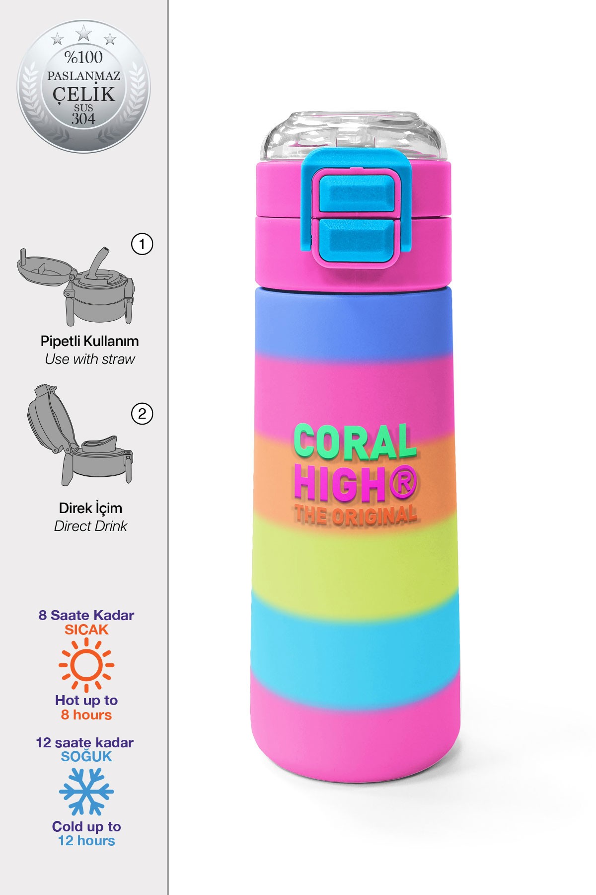 Coral High Kids Renkli Çizgili Pipetli ve Direk İçimli Paslanmaz Çelik Termos 500 ML 31986