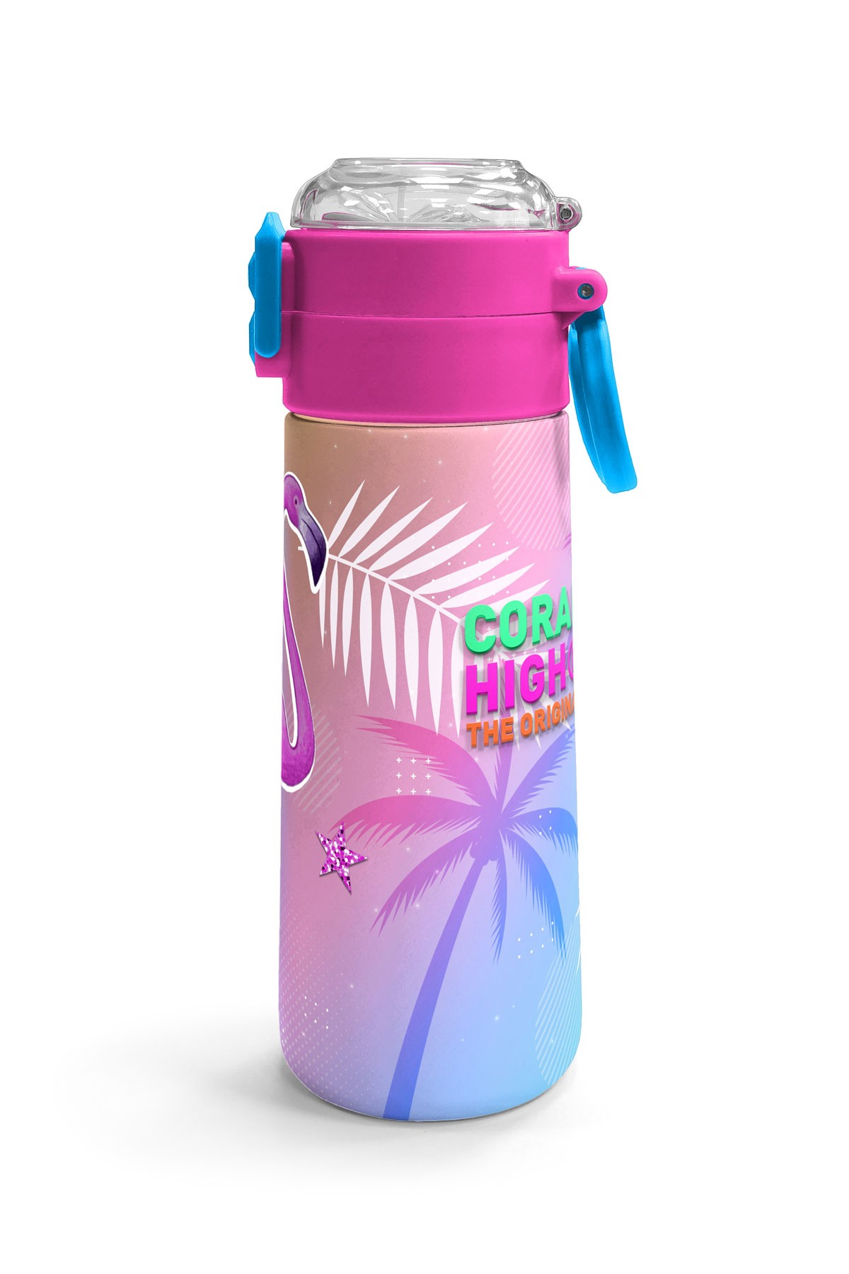 Coral High Kids Lavanta Pembe Flamingo Desenli Pipetli ve Direkt İçim Çelik Termos 500 ml 31921